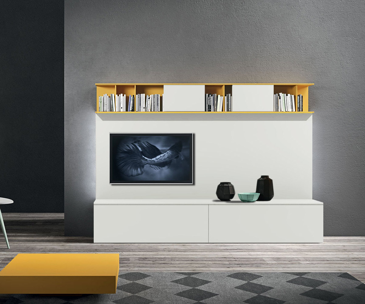 TV Wohnwand in Weiß mit Highlightfarbe Ocra