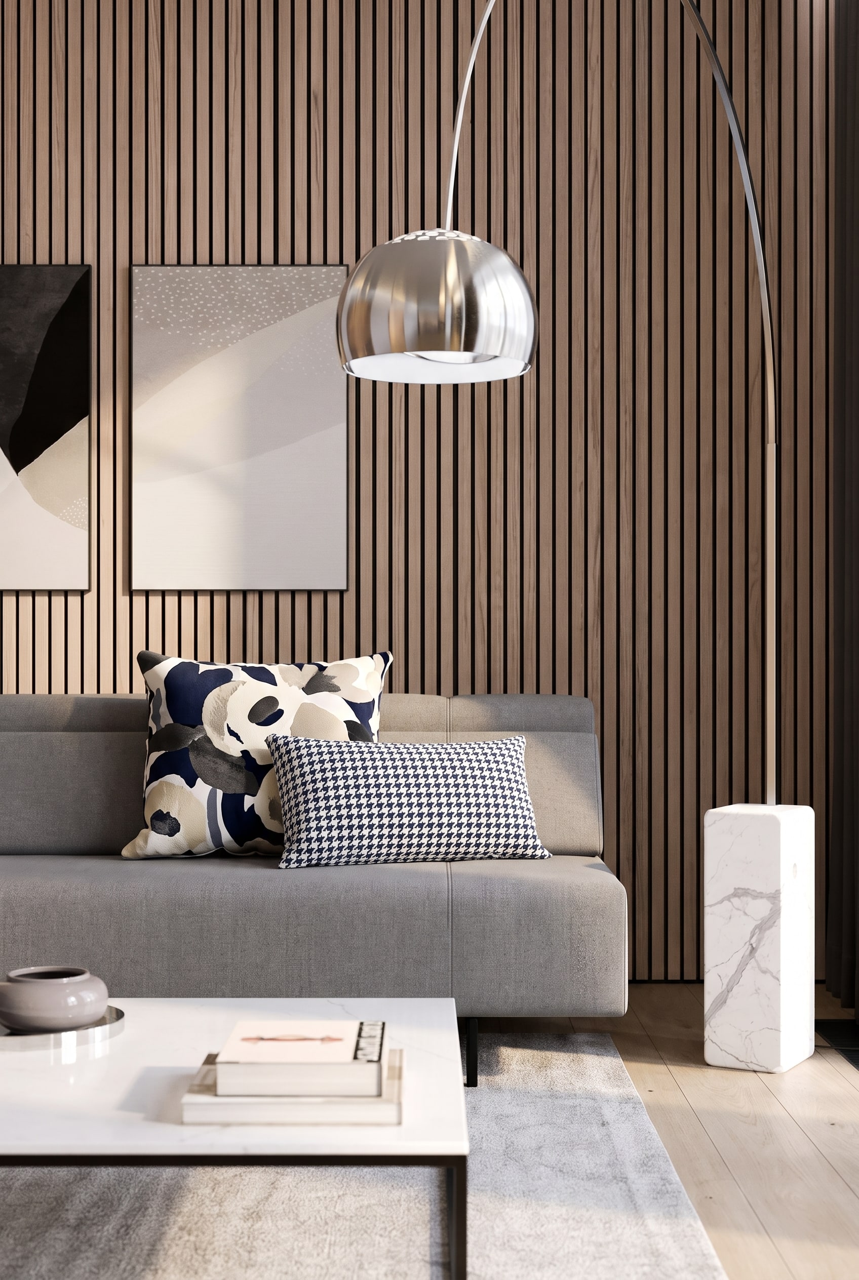 Prostoria Slaapbank Pil-low in een moderne woonkamer gedecoreerd met een elegante combinatie van florale en geometrische bankkussens