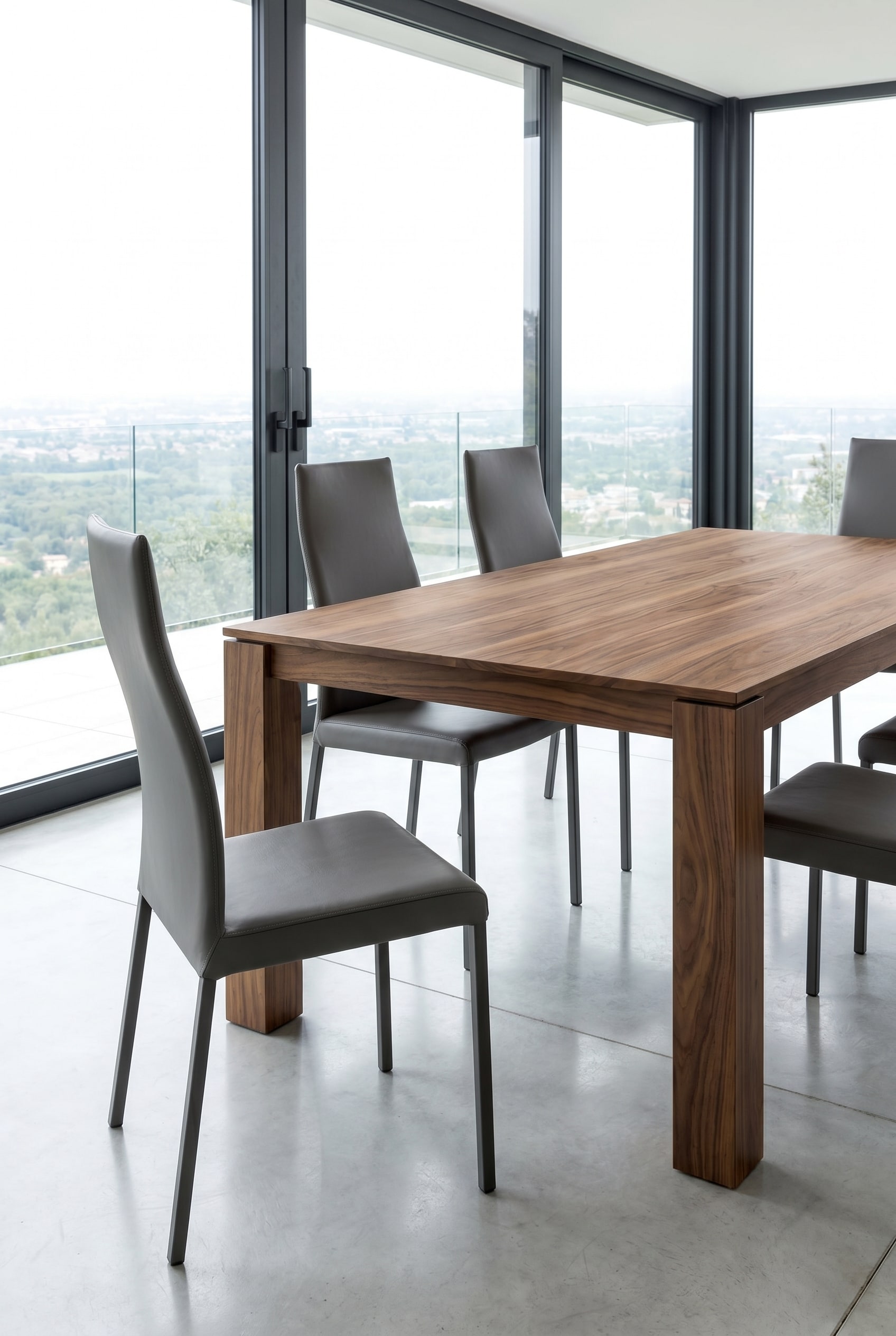 Modern dining room with Ozzio Stuhl Blitz chairs with grey leather backrest at a solid wooden table
