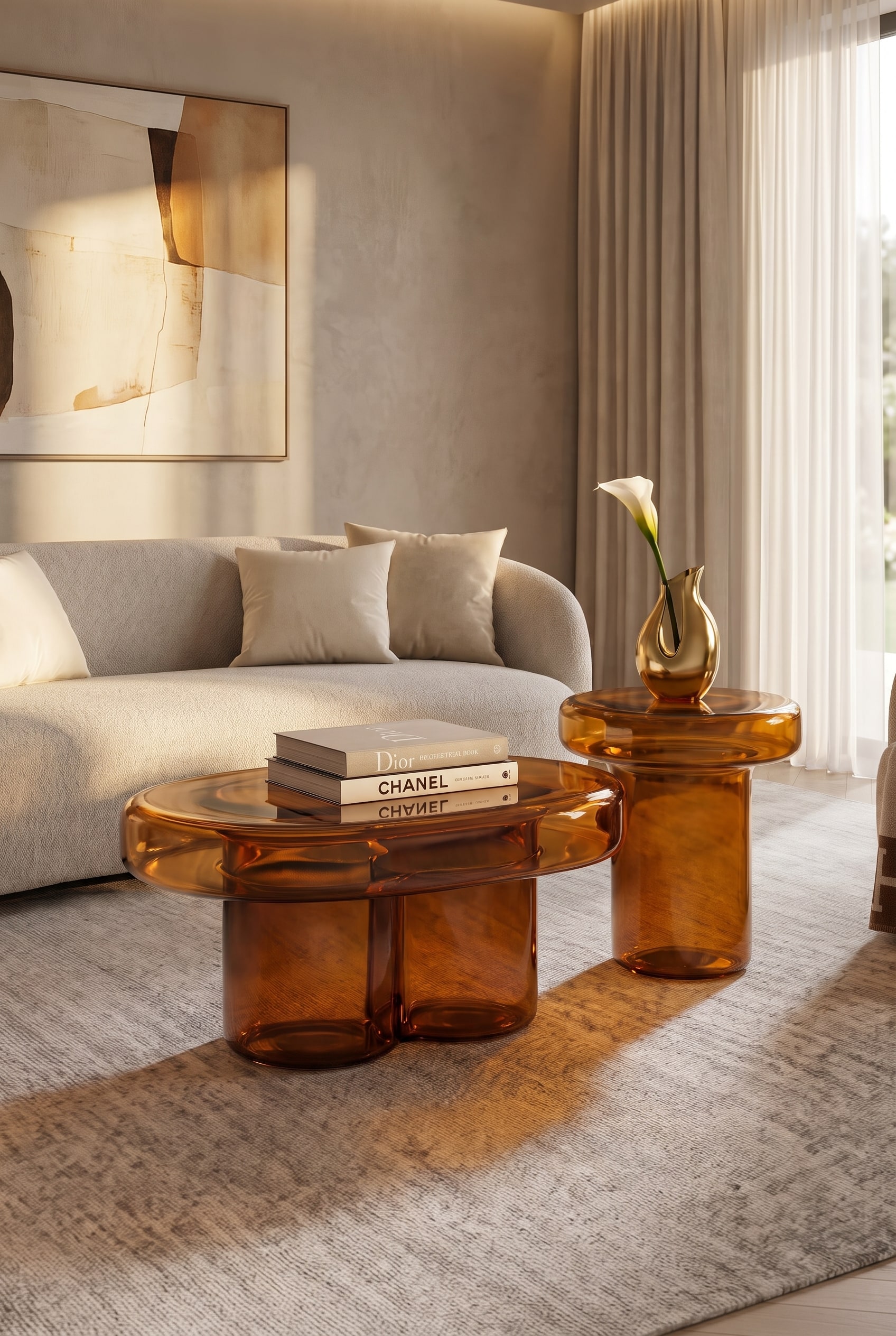 Minimalist living room with a sculptural, oval glass table made of amber-colored Murano glass, reflecting the natural light.