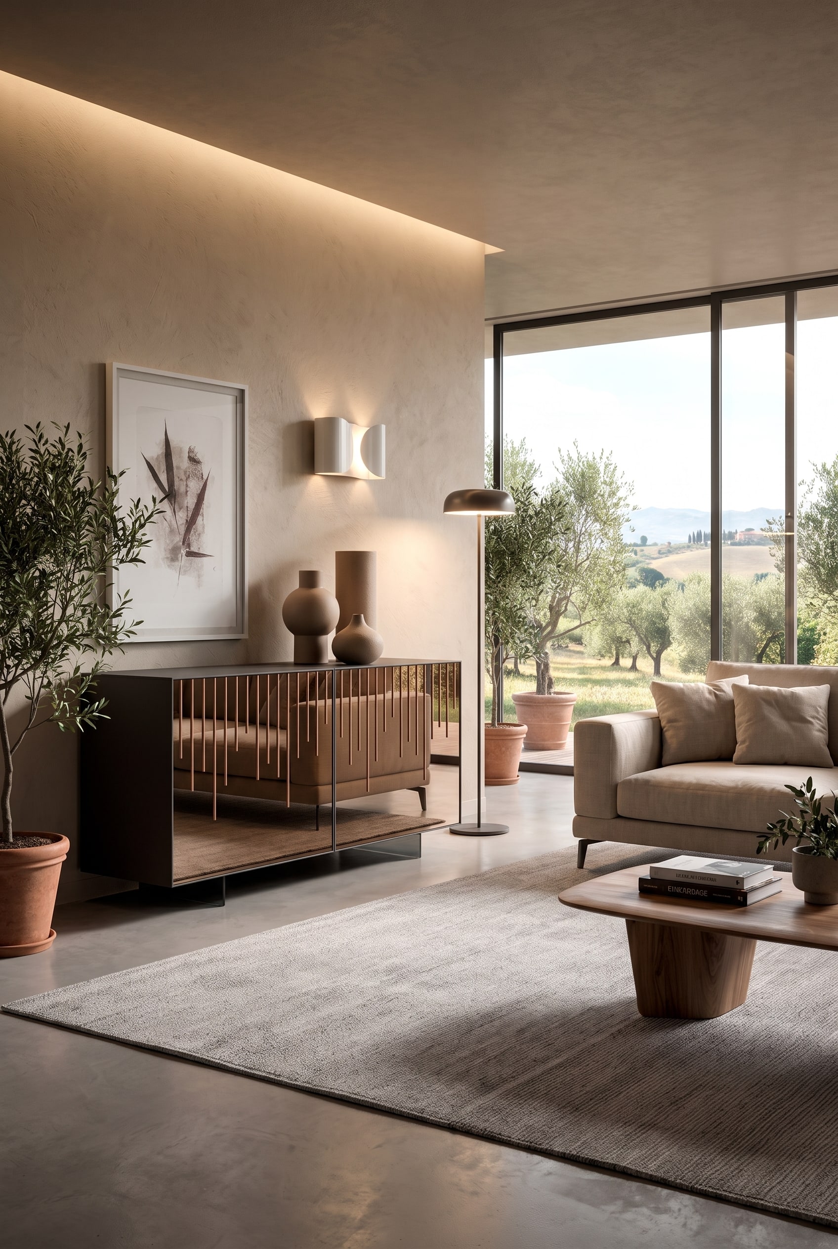 Ozzio Mirror Glass Sideboard Rain decorated with handcrafted, matte ceramic vases for a tactile break