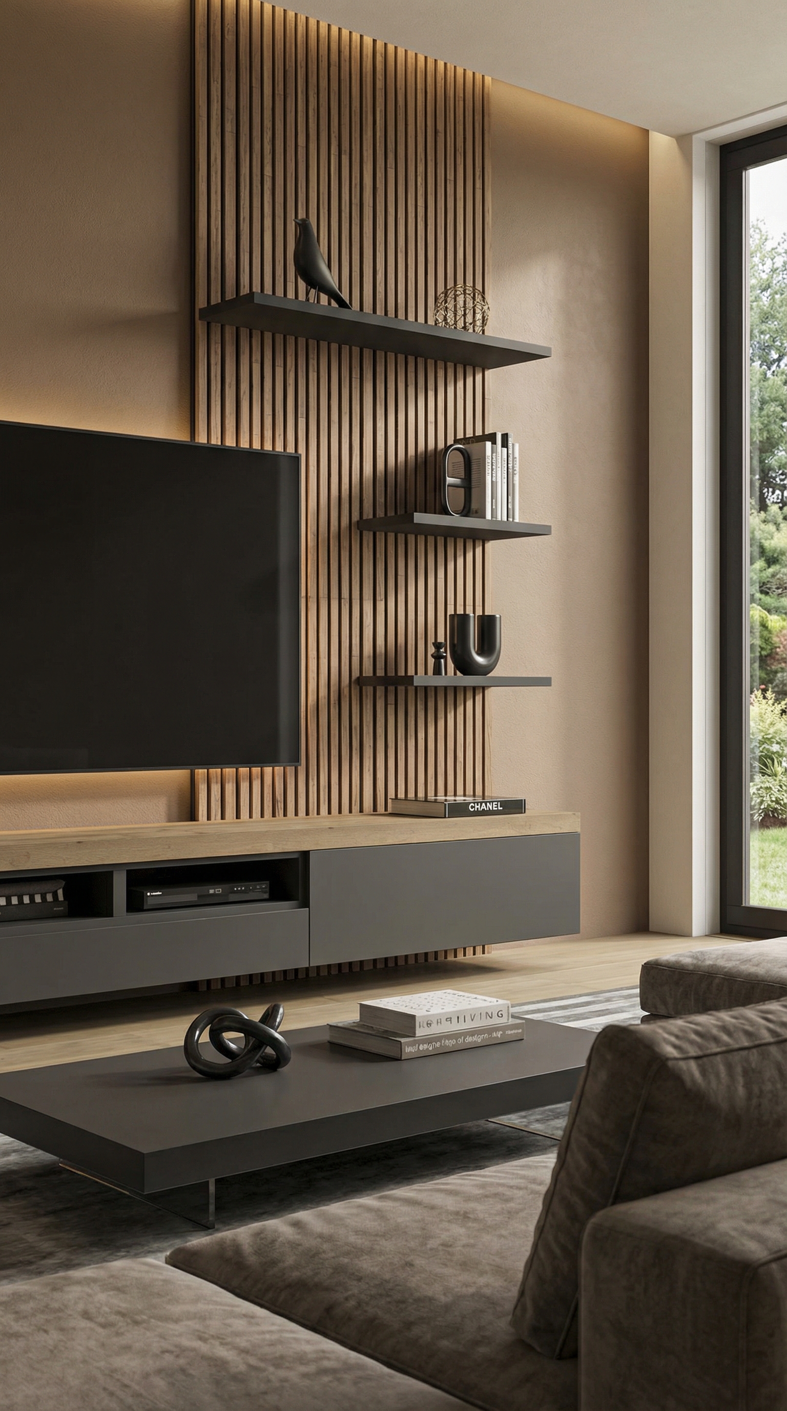 Wohnwand mit Holzlamellen vor brauner Wandfarbe Macchiato Trend 2026 Wohnwand mit Holzlamellen vor brauner Wandfarbe Macchiato Trend 2026