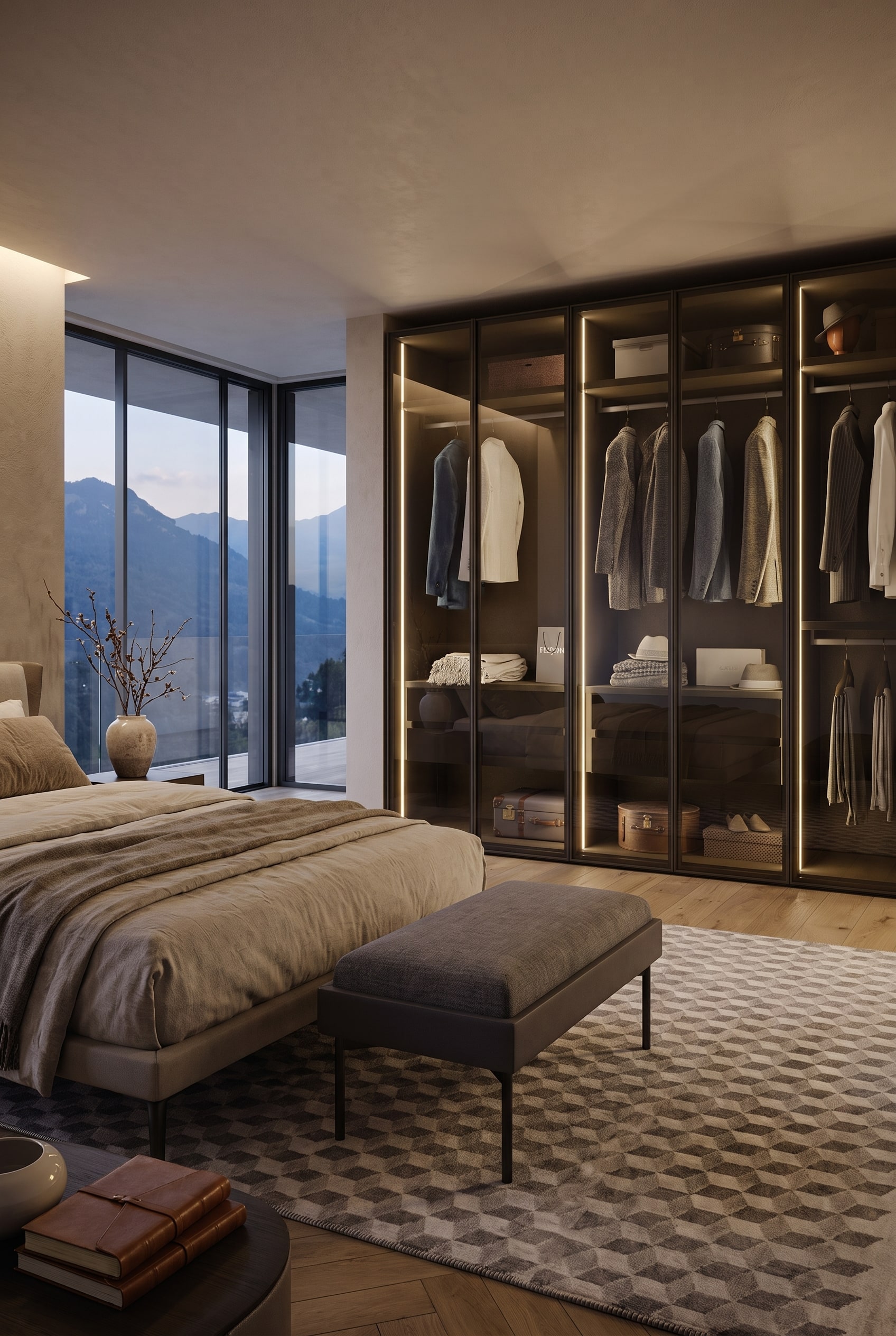 Modern bedroom with seamlessly integrated, illuminated glass wardrobe, an upholstered bed, and large windows with mountain views.