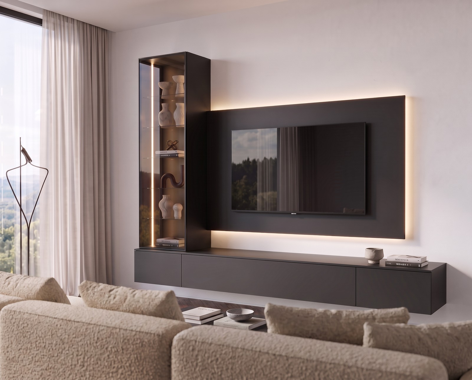 C109 wall unit in black, view from the sofa C109 wall unit in black, view from the sofa