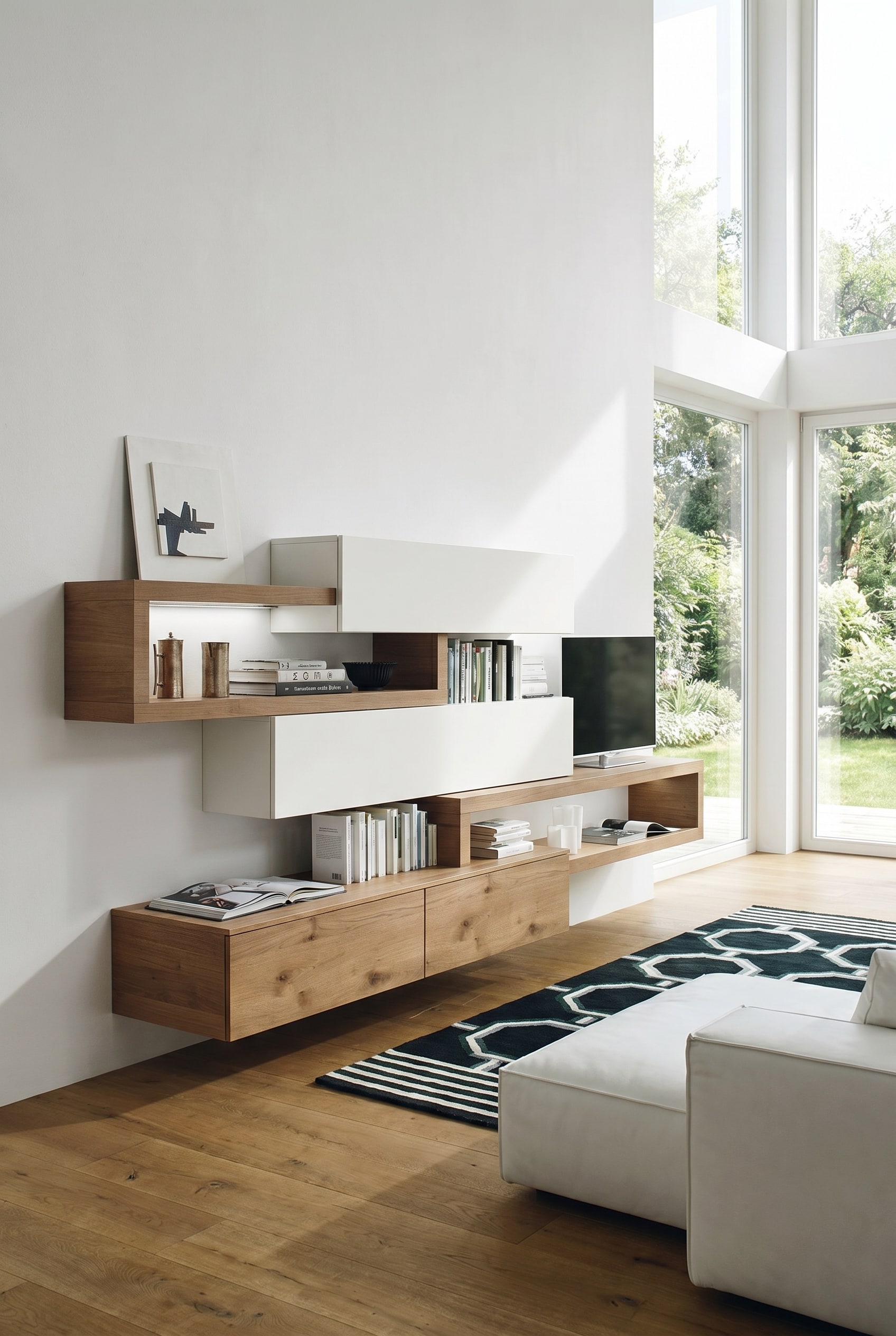 Floating wall unit in modern country style with light oak and white elements in spring light Floating wall unit in modern country style with light oak and white elements in spring light