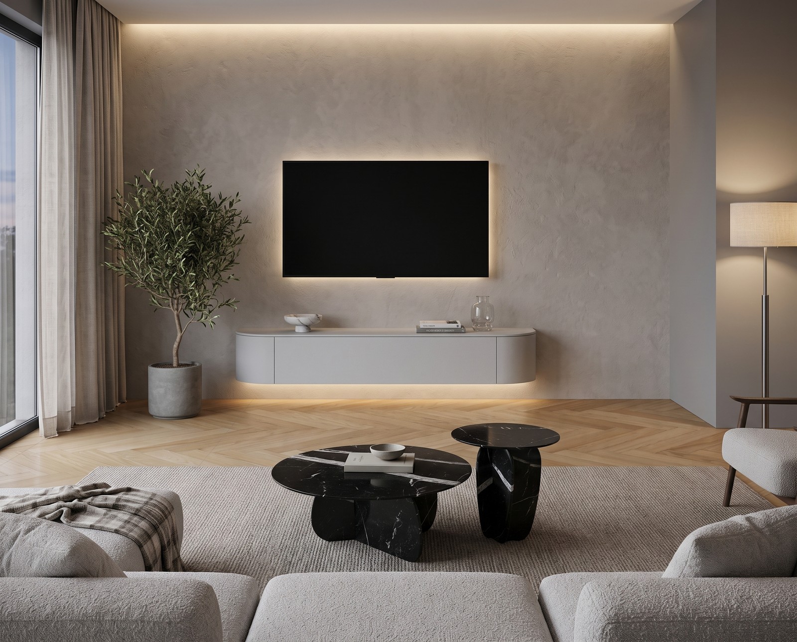 Novamobili Tondora lowboard in matt light grey, W 210 cm, wall-mounted in a living room