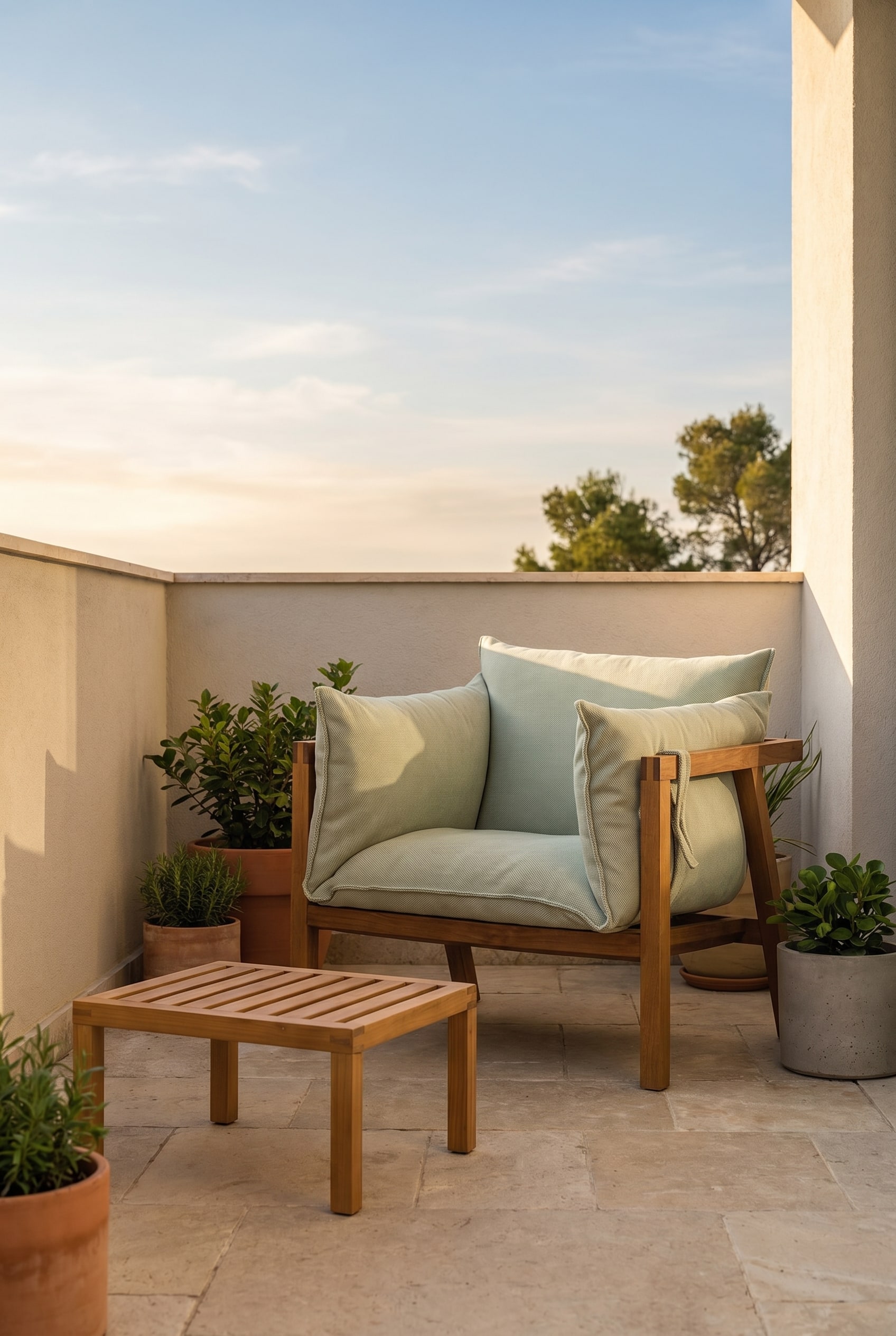 Piccolo balcone con poltrona lounge con telaio in legno e cuscini profondi in verde chiaro su pavimento in pietra naturale