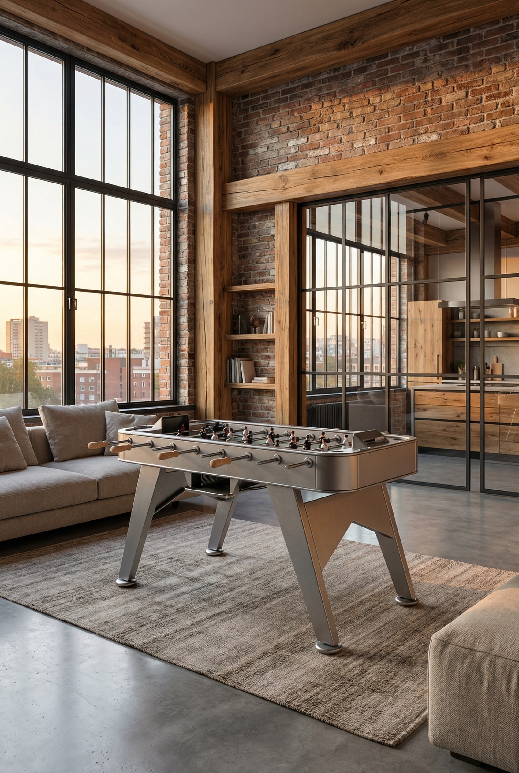 Robust stainless steel foosball table in a stylish industrial loft with exposed brickwork and large factory windows.