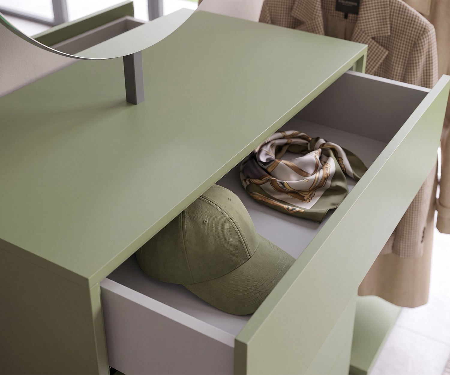 Sage green Easy 9 designer chest of drawers with open drawer Novamobili Easy 9 chest of drawers: Open sage green drawer storing accessories in a modern hallway or bedroom.