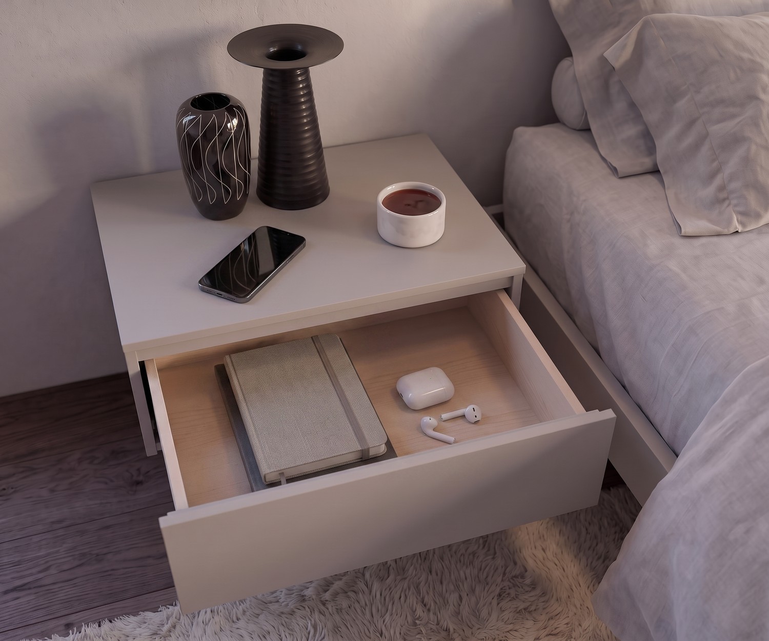 Nachttisch Easy 1 von Novamobili mit geöffneter Schublade neben dem Bett, moderner griffloser Beistelltisch in Hellgrau