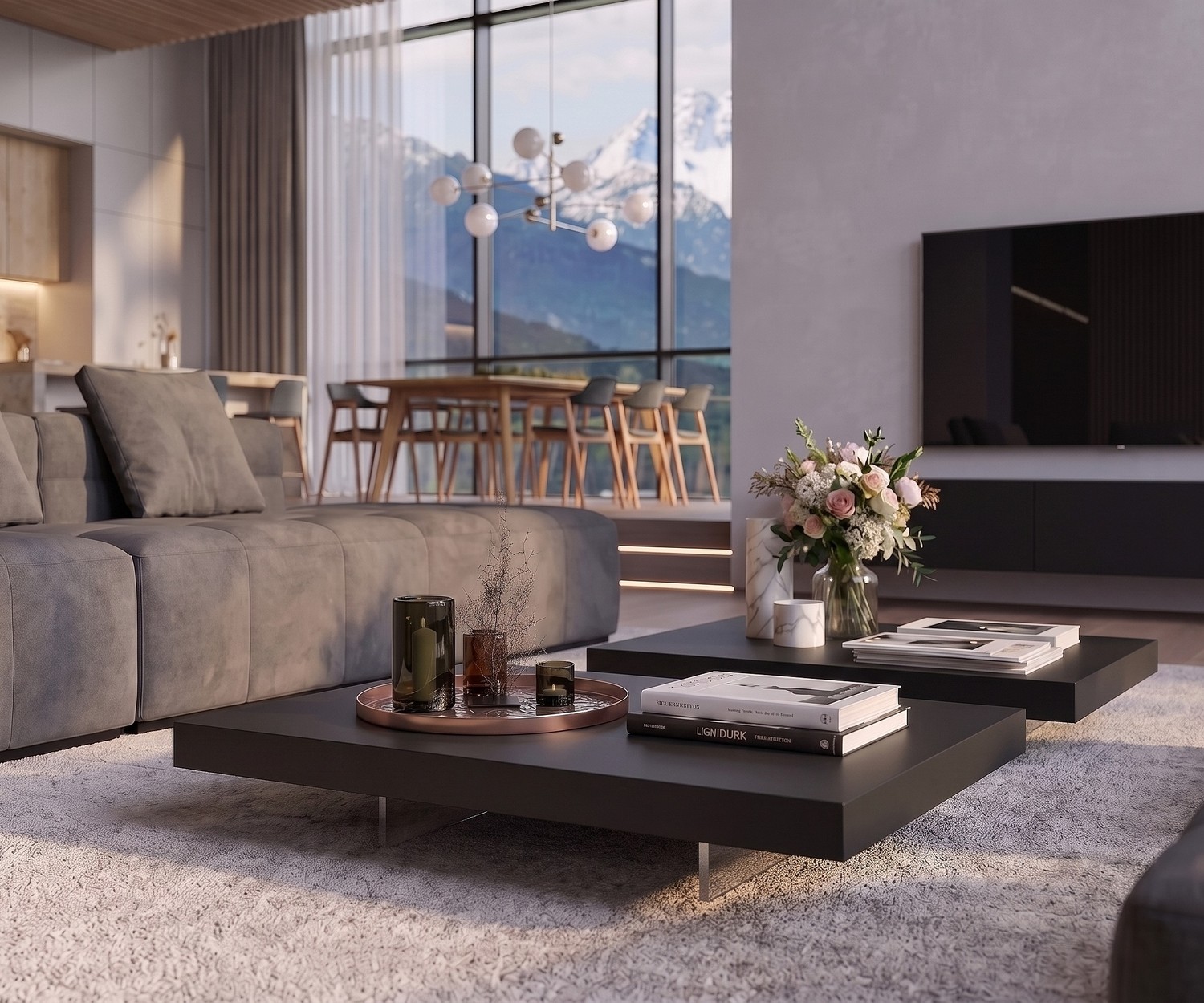 Livitalia Couchtisch Low im modernen Wohnzimmer: Flacher schwarzer Design-Couchtisch auf transparenten Glasfüßen.