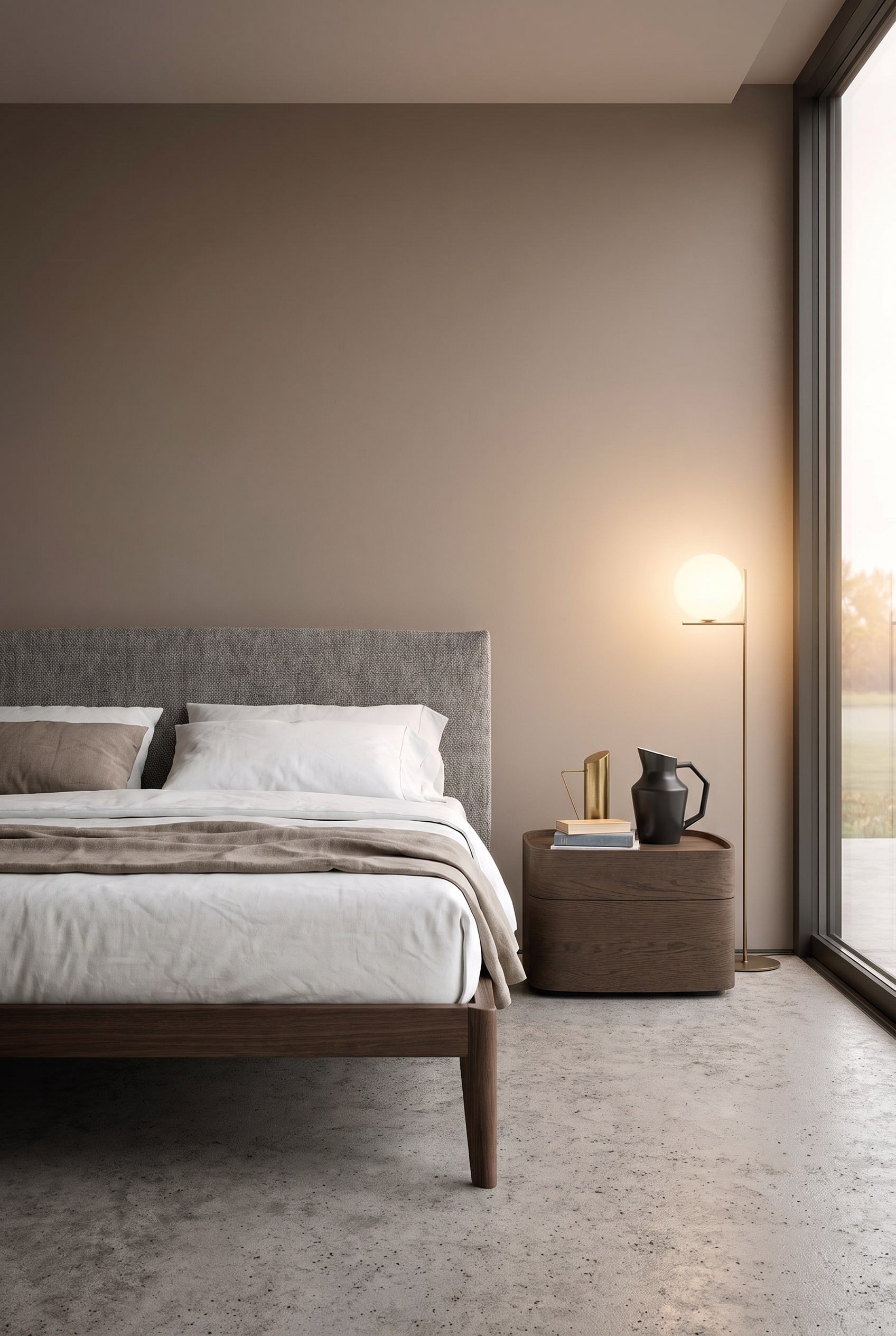 Minimalistische slaapkamer met taupekleurige muur, waarvoor een nachtkastje van donker hout en een donkerbruin zwevend bed staan