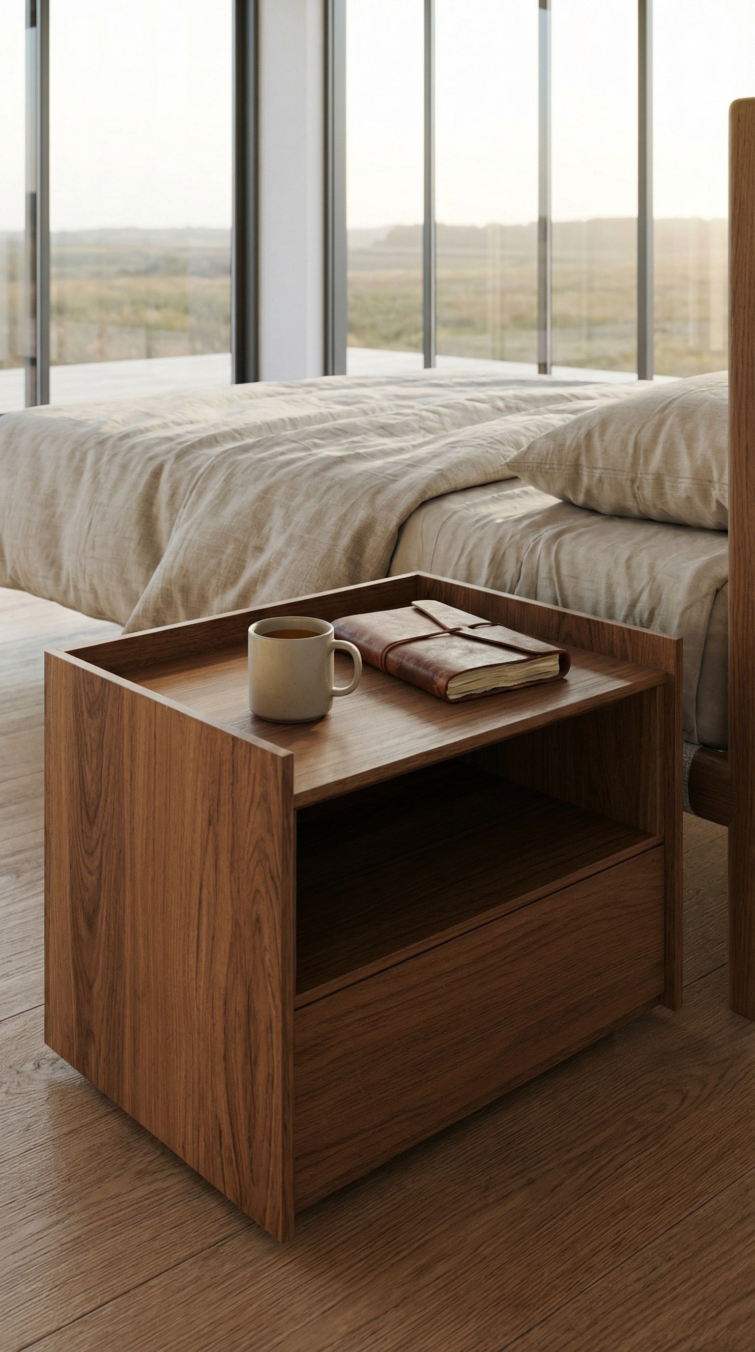 Ein warmer Novamobili Nachttisch aus Holz in einem modernen Schlafzimmer ohne Technik Ein warmer Novamobili Nachttisch aus Holz in einem modernen Schlafzimmer ohne Technik