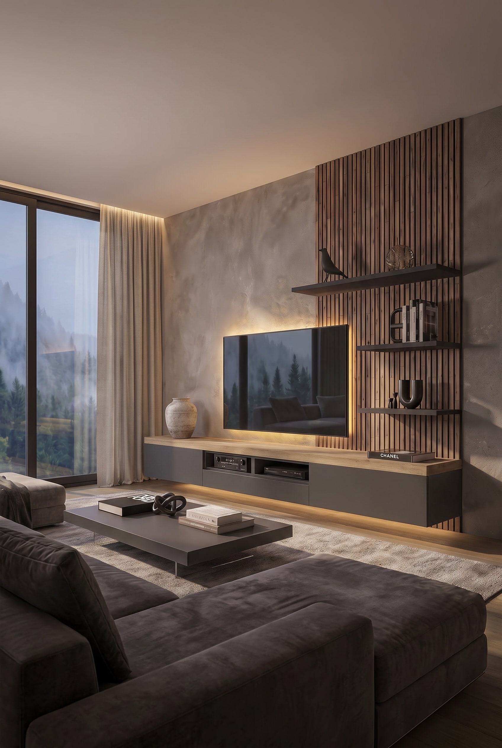 Woonkamer in Quiet Luxury stijl met zwevend, greige lowboard, ongeglazuurde keramische vaas en linnen gordijnen