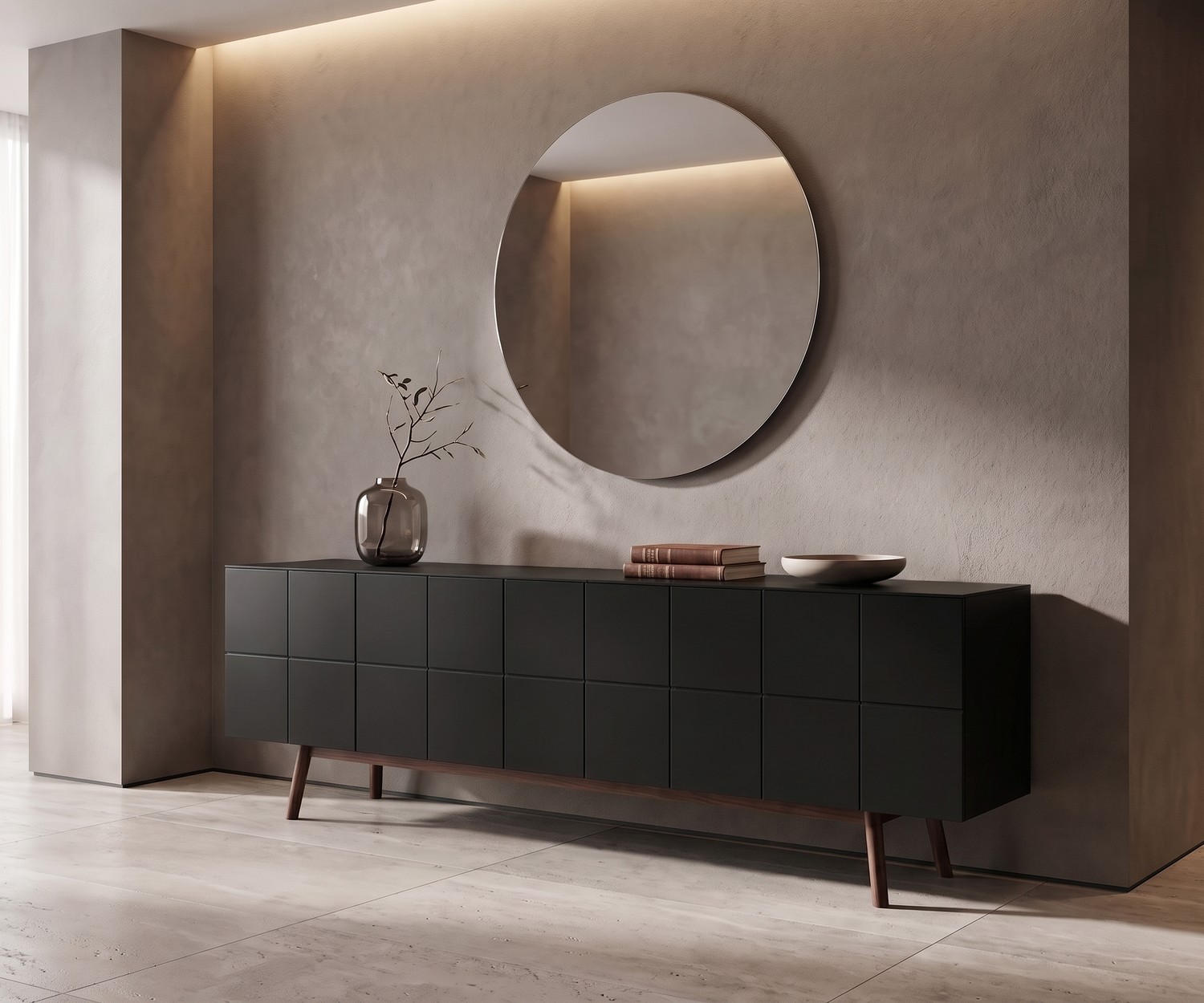 al2 MOS-I-KO 003 B designer sideboard for the living room in matte black with wooden legs and a round wall mirror.