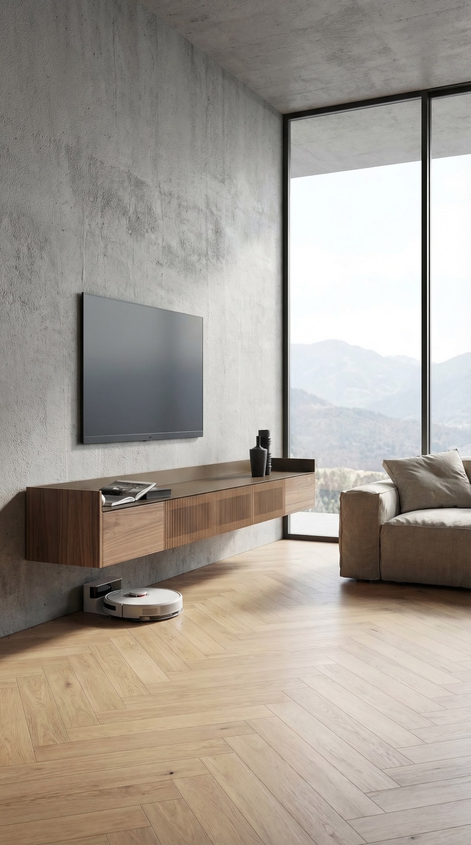 A floating wall sideboard in a modern living room with plenty of ground clearance A floating wall sideboard in a modern living room with plenty of ground clearance