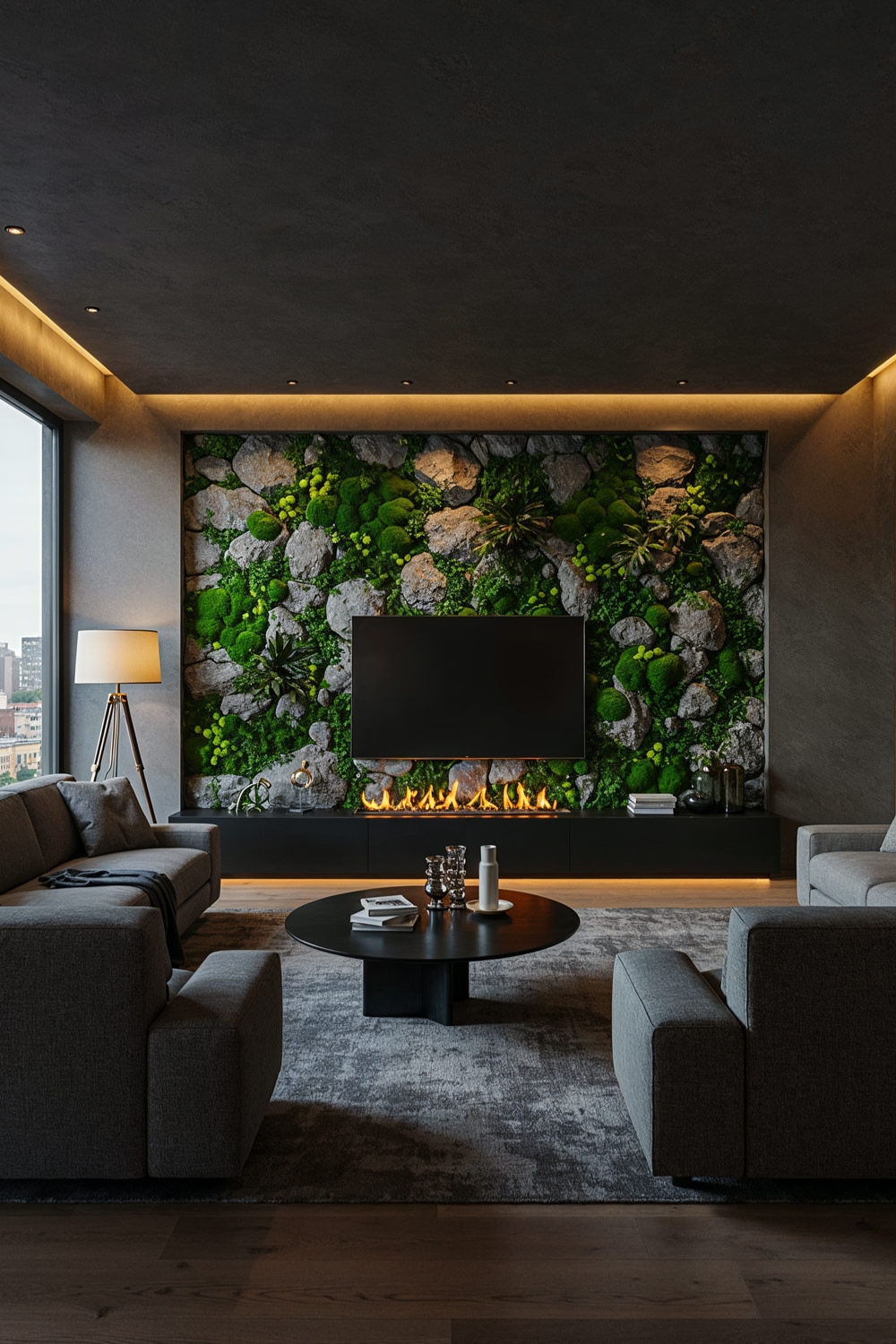 modernes-wohnzimmer-in-grau-mit-elektro-kamin-unter-dem-fernseher