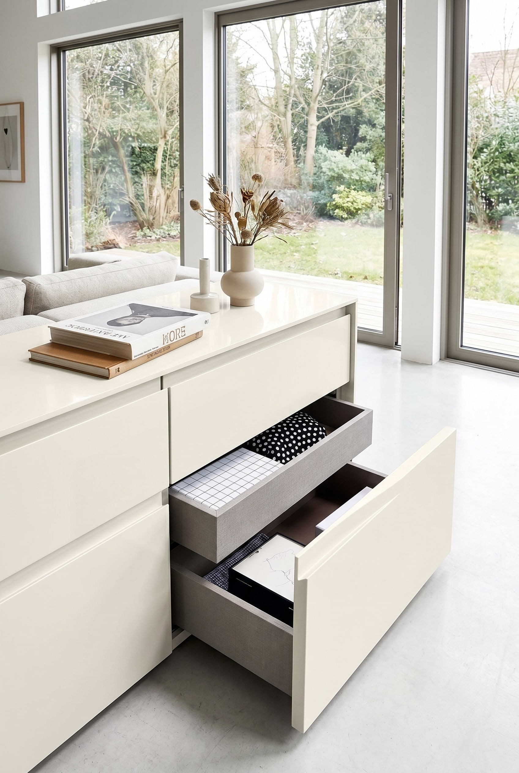 Modernes Wohnzimmer mit extrabreiter Kommode in gl&auml;nzendem Lack