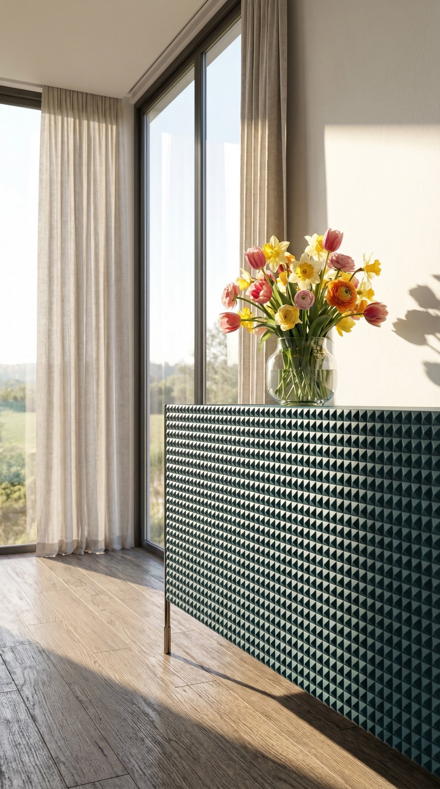 Modernes Wohnzimmer im Frühling mit einem türkisfarbenen Sideboard mit 3D-Pyramidenstruktur vor großen Fenstern. Modernes Wohnzimmer im Frühling mit einem türkisfarbenen Sideboard mit 3D-Pyramidenstruktur vor großen Fenstern.