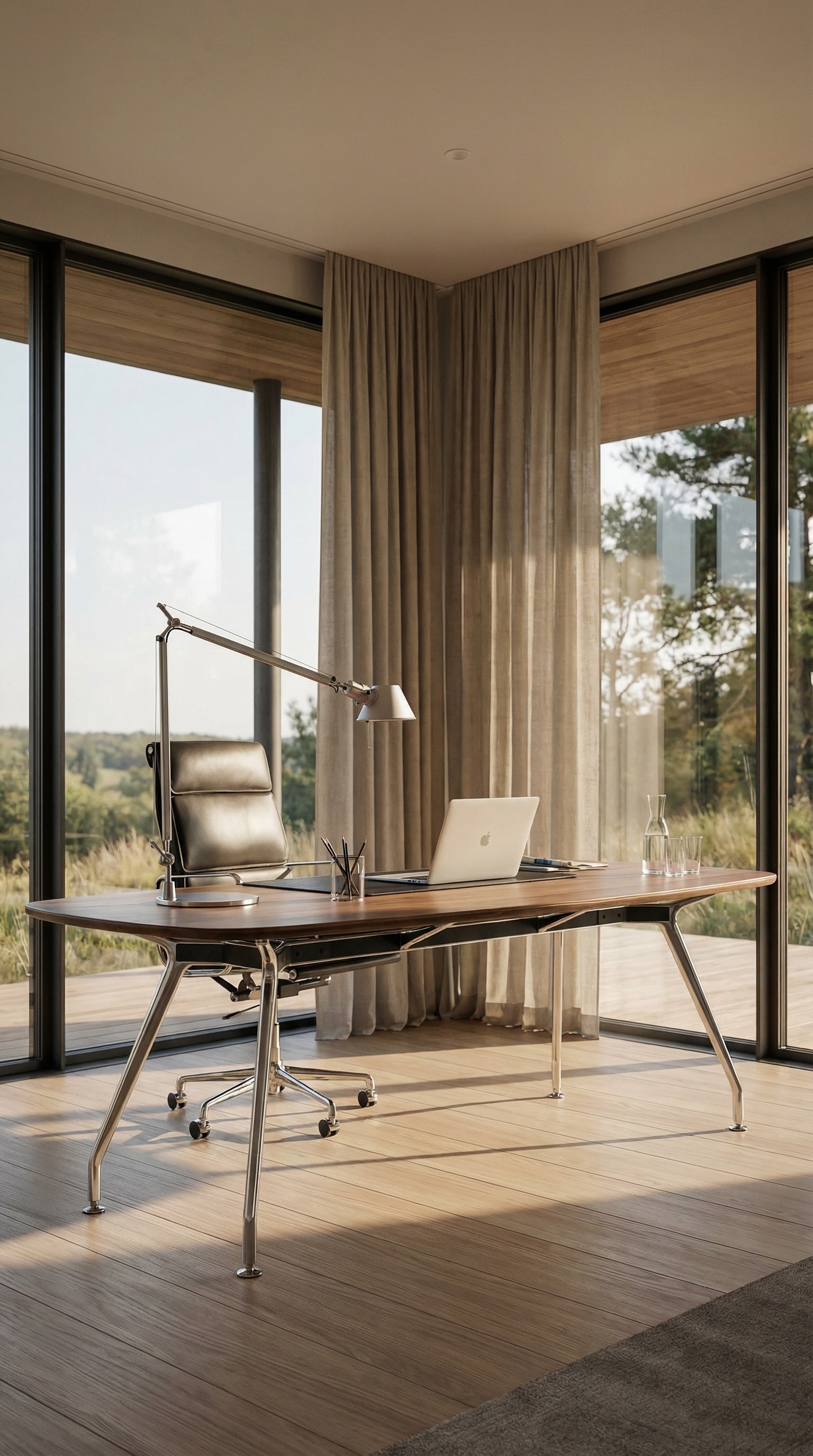 Ein skulpturaler ICF Unitable Manager Bürotisch in edler Holzausführung, frei stehend in einem hellen Wohnzimmer mit bodentiefen Fenstern Ein skulpturaler ICF Unitable Manager Bürotisch in edler Holzausführung, frei stehend in einem hellen Wohnzimmer mit bodentiefen Fenstern