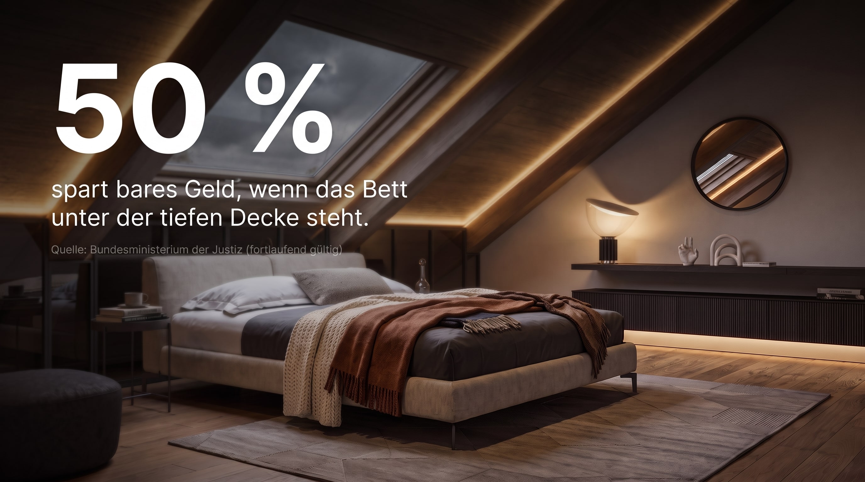 50 % – risparmia denaro contante se il letto si trova sotto il soffitto basso.