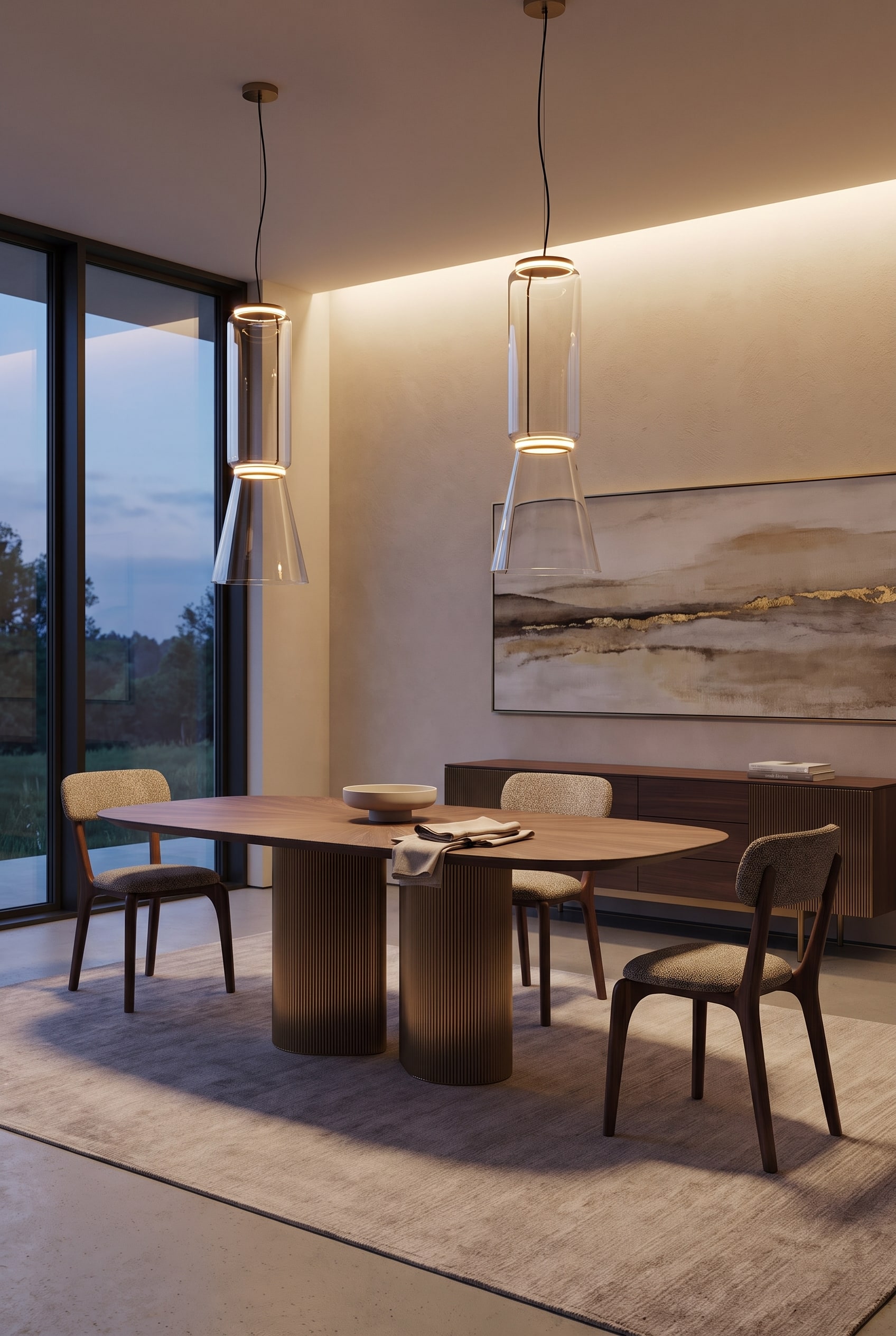 Weitläufiges Esszimmer mit rechteckigem Holz-Esstisch auf geriffeltem Metallsockel und breitem Panoramabild an der Wand