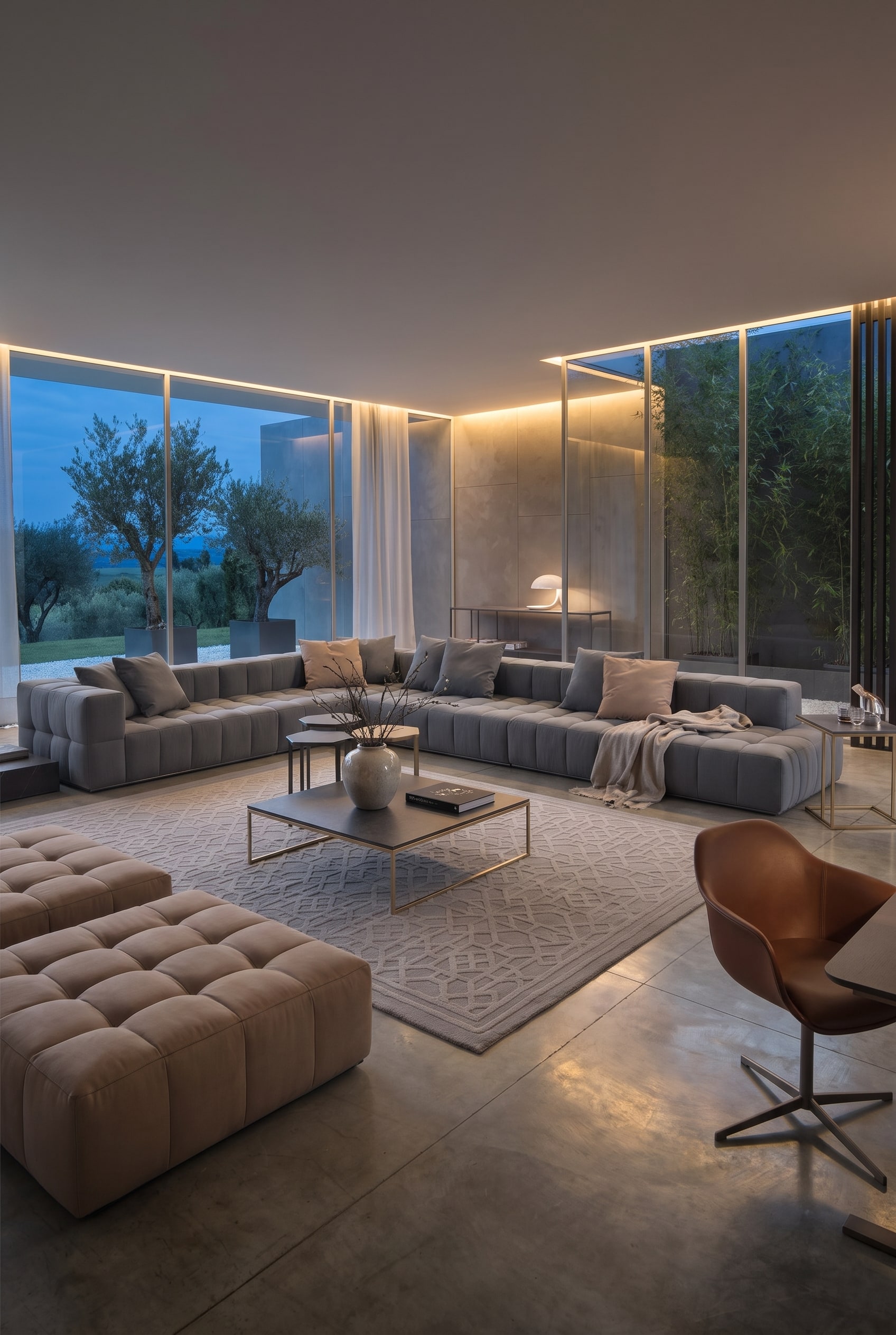 Modern living room with a large, modular fabric sofa in grey, placed as a freestanding living island in the center of the room.