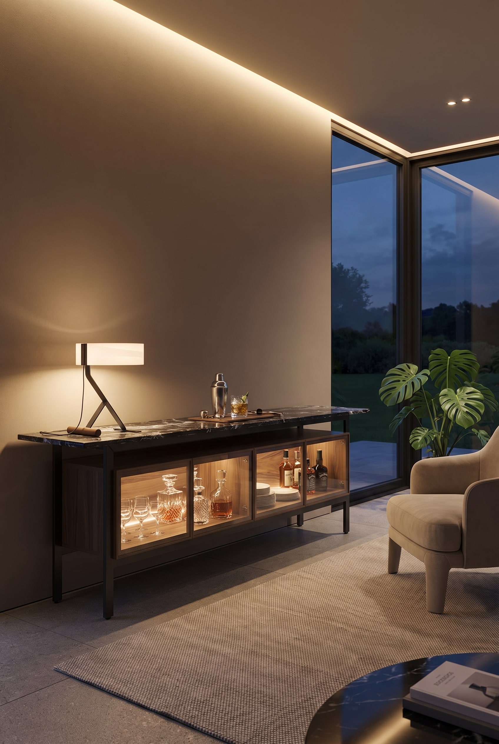 Cozy reading nook with dark marble console, sculptural metal table lamp, and beige armchair