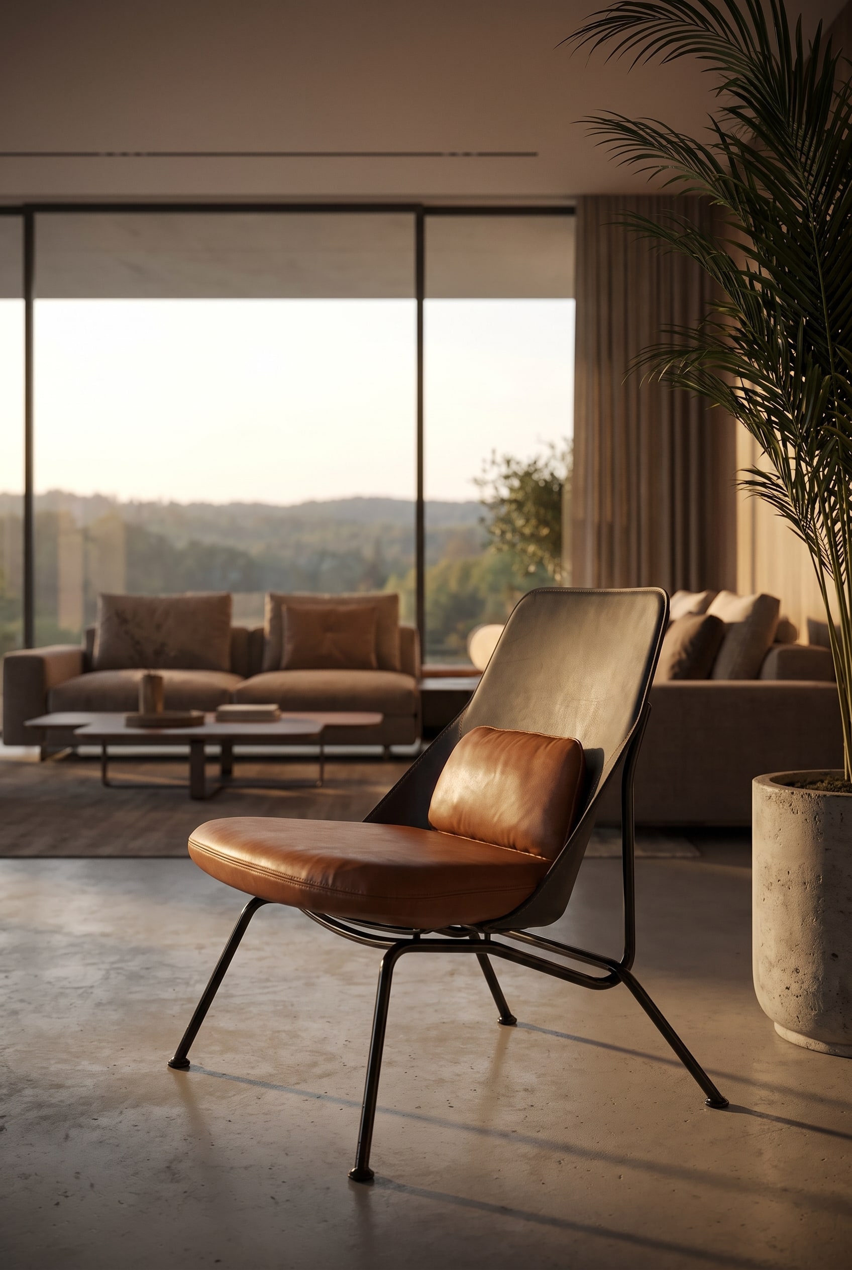 Elegante leren fauteuil met zwart stalen buisframe, licht schuin in de woonkamer geplaatst