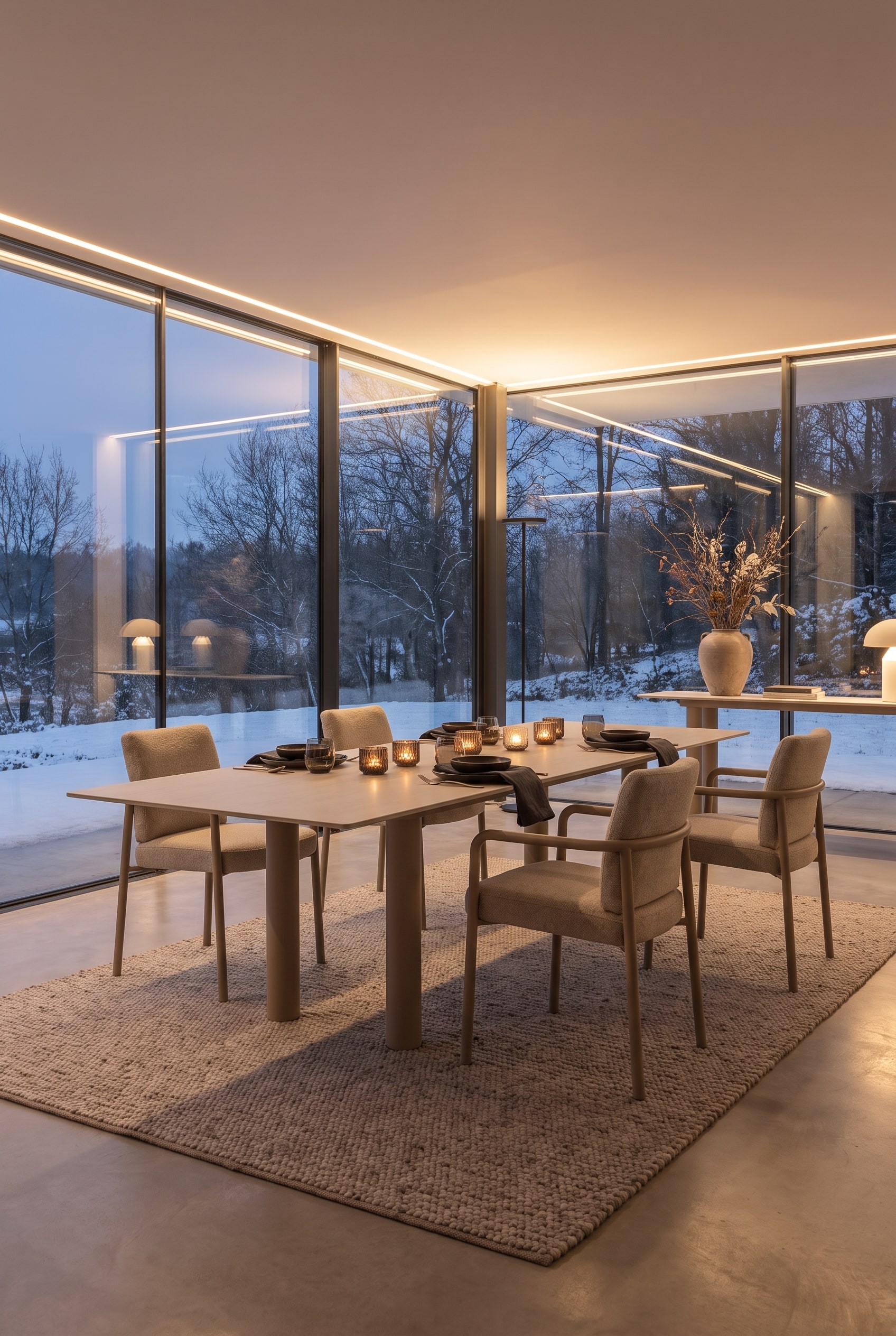 Grote, elegante eettafel van licht materiaal in een serre, omgeven door gestoffeerde armstoelen op een zacht tapijt. Stijlvol gedekte tafel met keramisch servies.