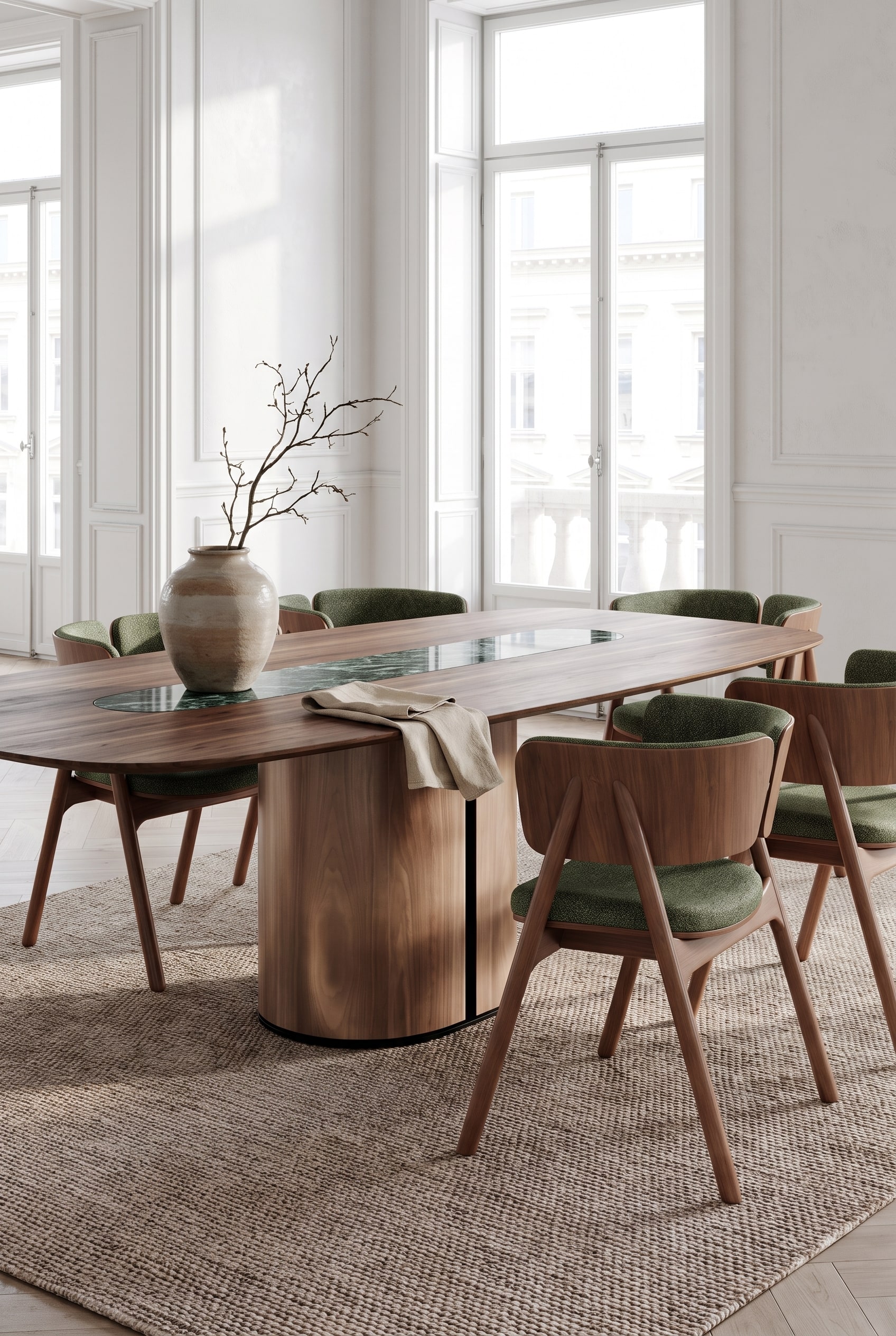 Klassisches Esszimmer mit gro&szlig;em Holztisch mit Marmoreinlage und gr&uuml;n gepolsterten Holzst&uuml;hlen