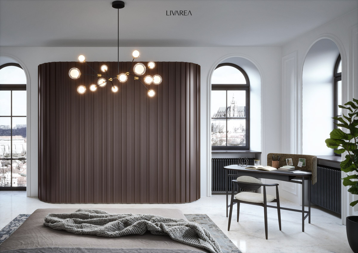 Successful example of built-in cabinets with rounded sides in a dark matt lacquer Successful example of built-in cabinets with rounded sides in a dark matt lacquer