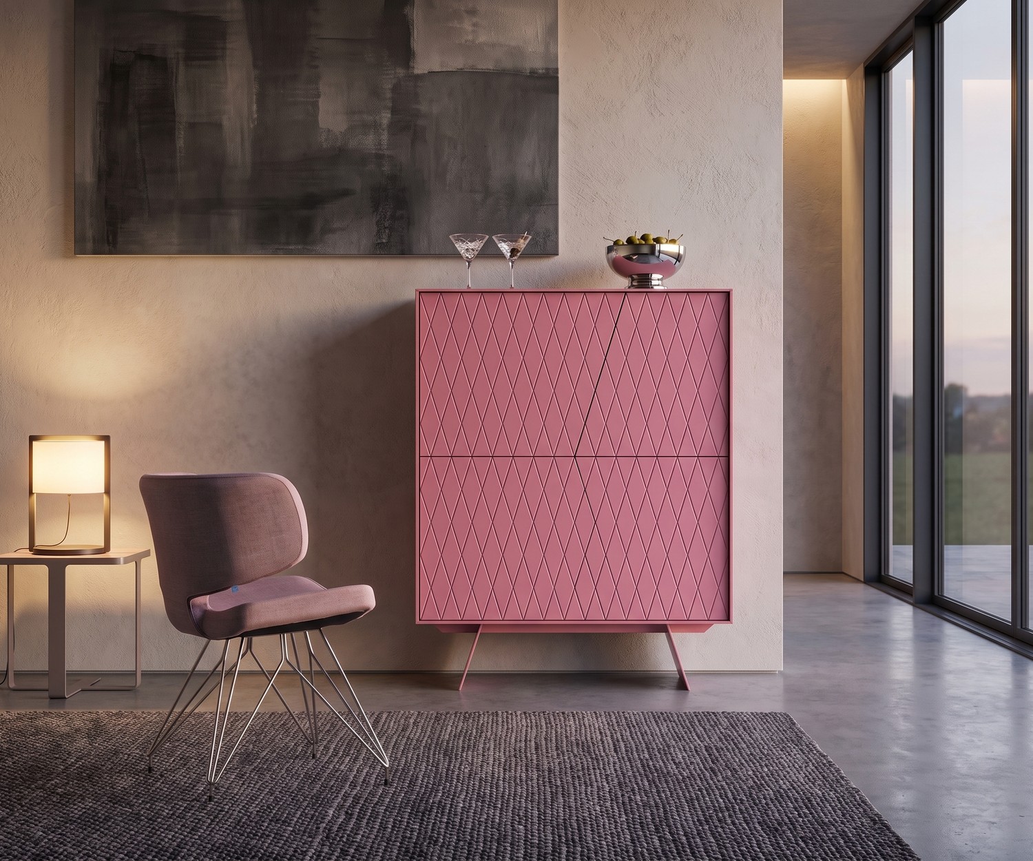 Pink highboard with diamond pattern al2 e-klipse 009 al2 e-klipse 009 pink highboard with diamond pattern in a modern living room next to a contemporary chair.