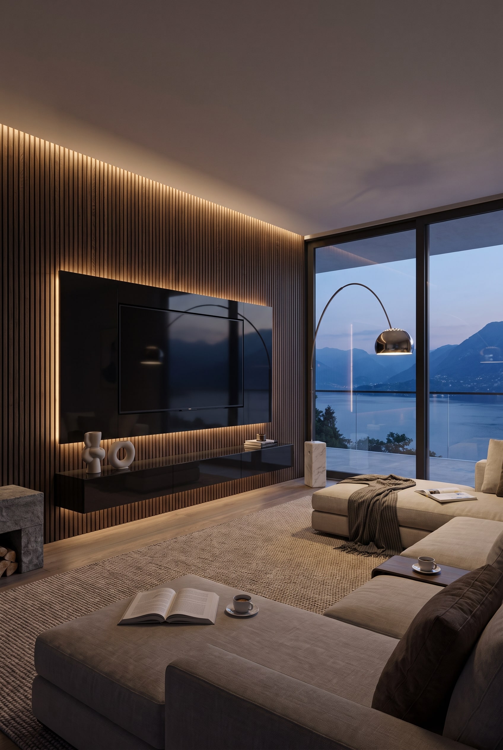 Living room with dark wooden TV wall panel, invisibly integrated TV, and garden view