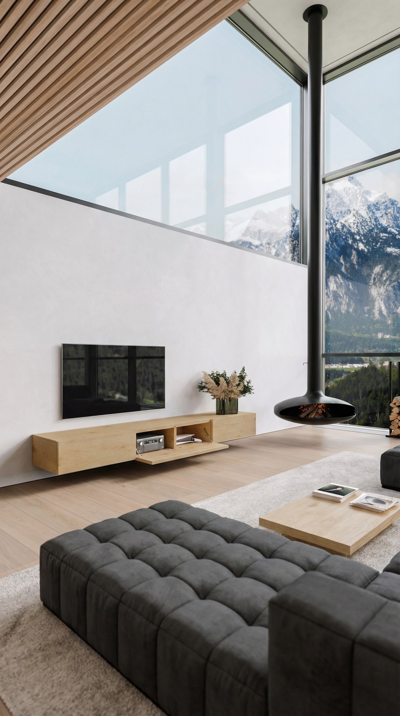 Warmes Holz-Lowboard, schwebend montiert vor einer feinen Putzwand, umgeben von Naturstein und großen Fenstern. Warmes Holz-Lowboard, schwebend montiert vor einer feinen Putzwand, umgeben von Naturstein und großen Fenstern.