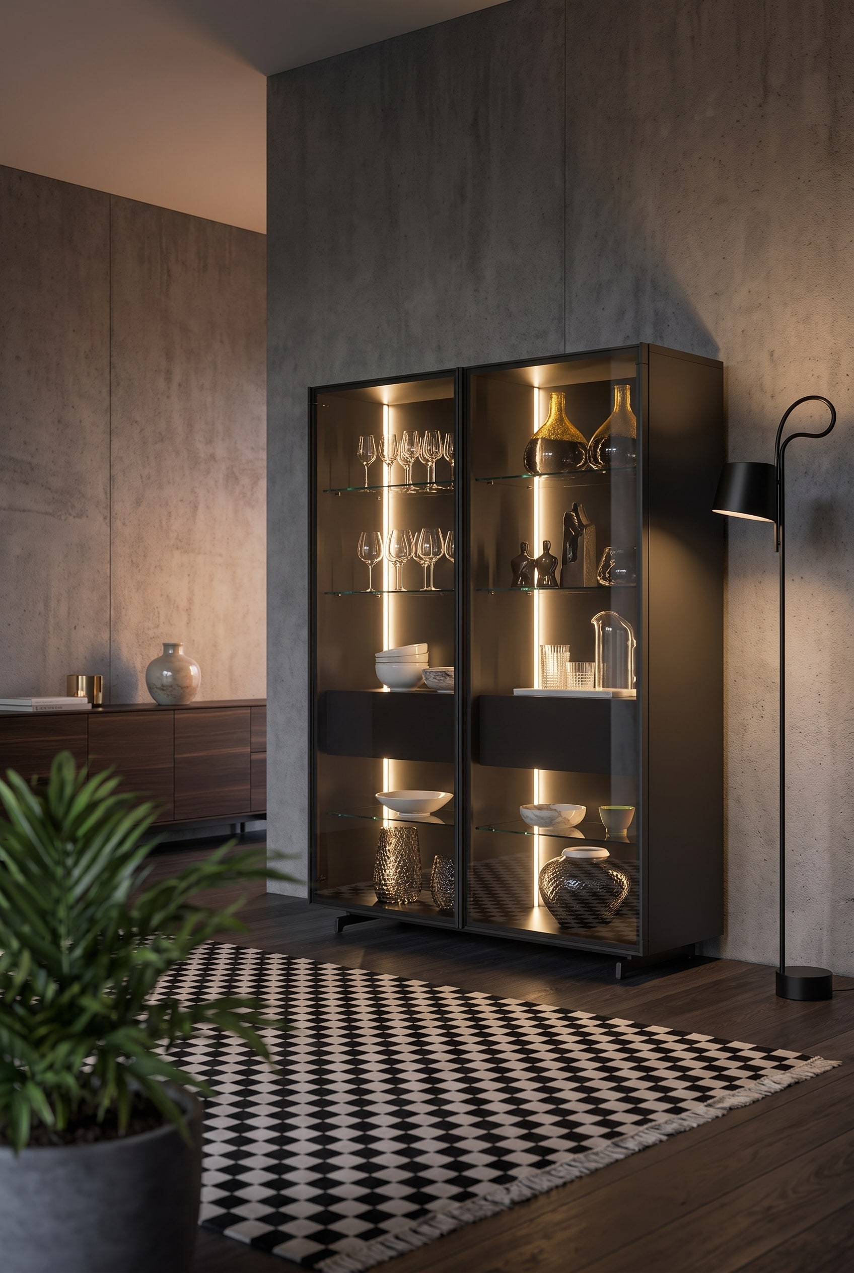 Moderne eetkamer met donkere glazen vitrinekast met aluminium frame, daarin verlichte kristallen glazen en keramiek