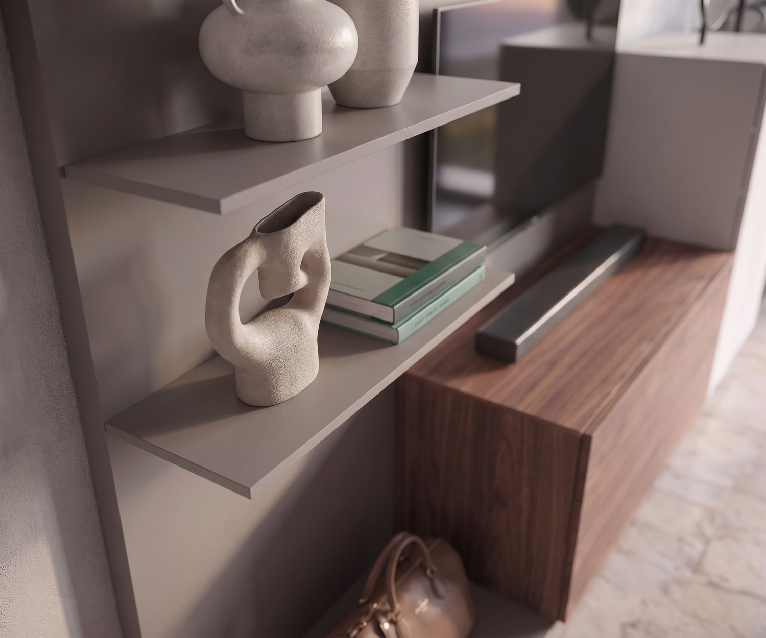 Novamobili Easy 9 hallway wardrobe panel shelf with space for decor, minimalist design in taupe and walnut.