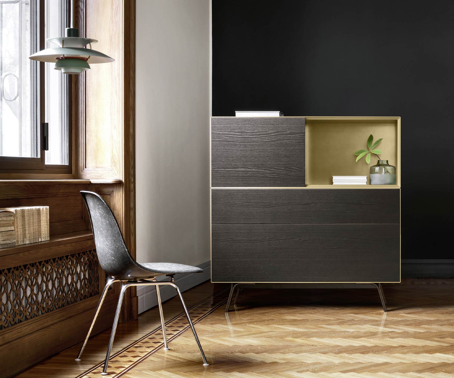 Modernes Designer Highboard Minimal von Livitalia offenes Fach Farbe Gold Modernes Designer Highboard Minimal von Livitalia offenes Fach Farbe Gold