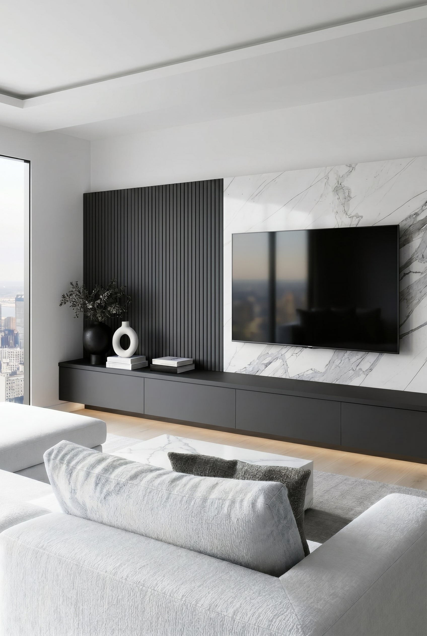 3D Visualisierung einer modernen Wohnwand nach Ma&szlig; in einem gro&szlig;z&uuml;gigen Wohnzimmer mit bodentiefen Fenstern