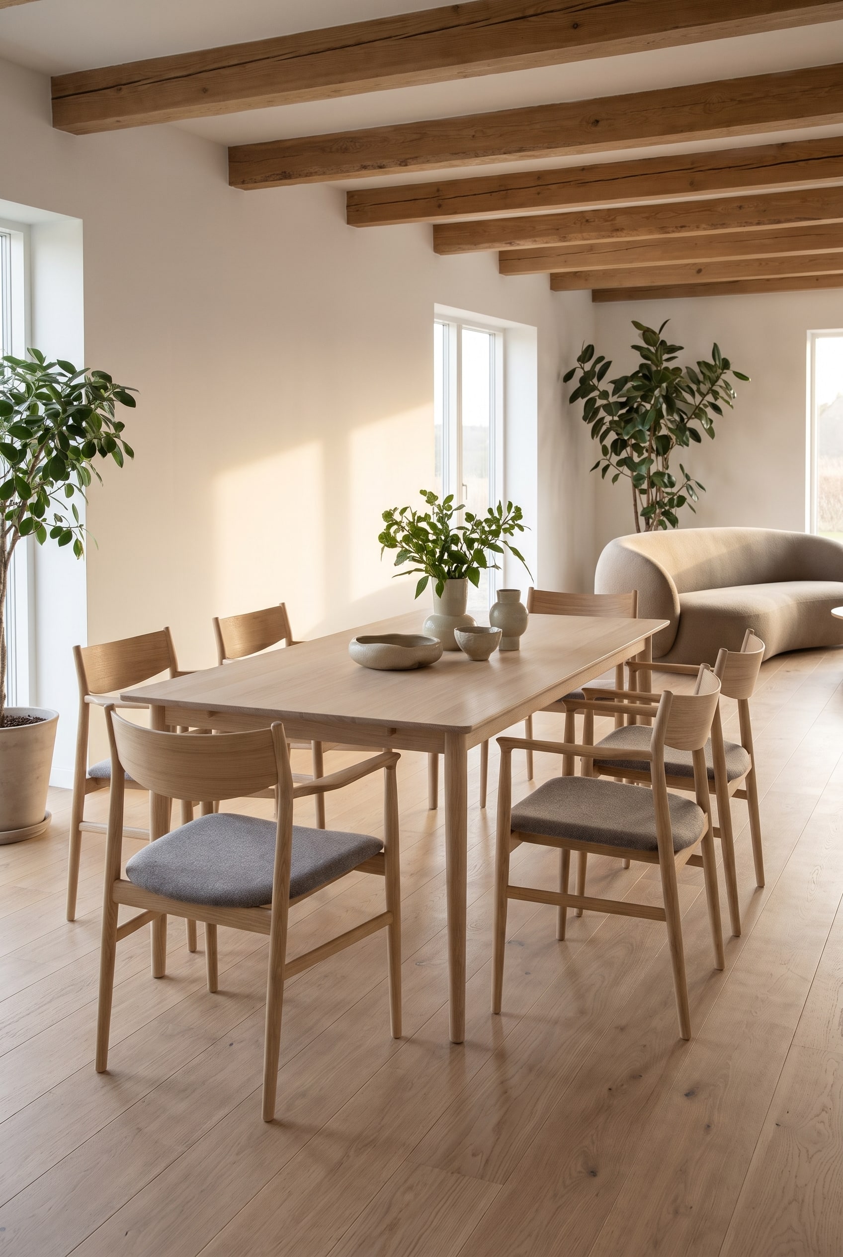 Eetkamer met een armstoel van licht hout met organisch gebogen rugleuning