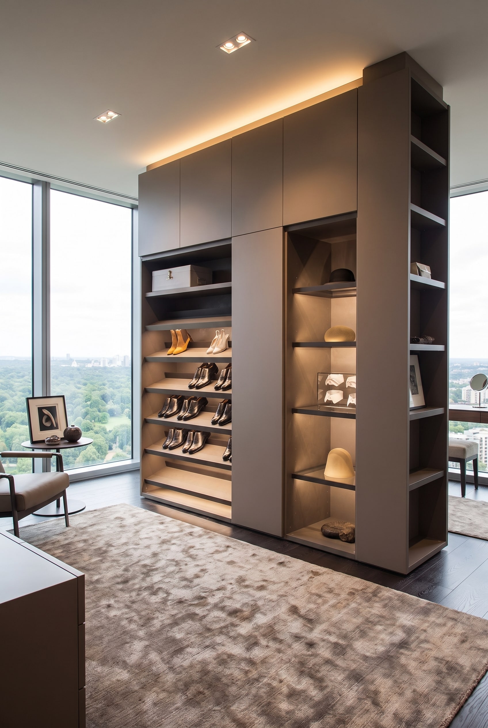 Vista all'interno di una scarpiera di design Livarea aperta con ripiani inclinati e scarpe sistematicamente ordinate