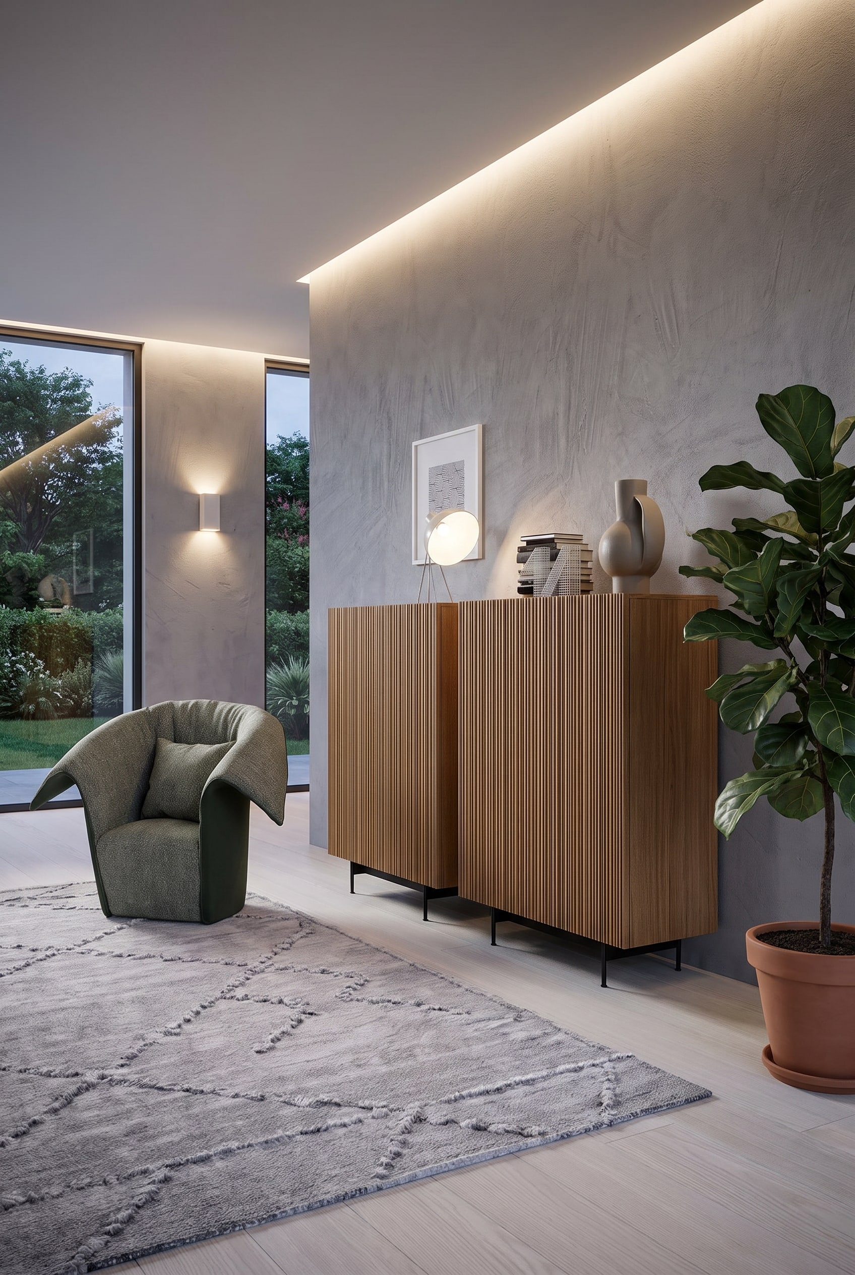 Highboard grande e voluminoso in un ampio corridoio, accanto una grande pianta verde