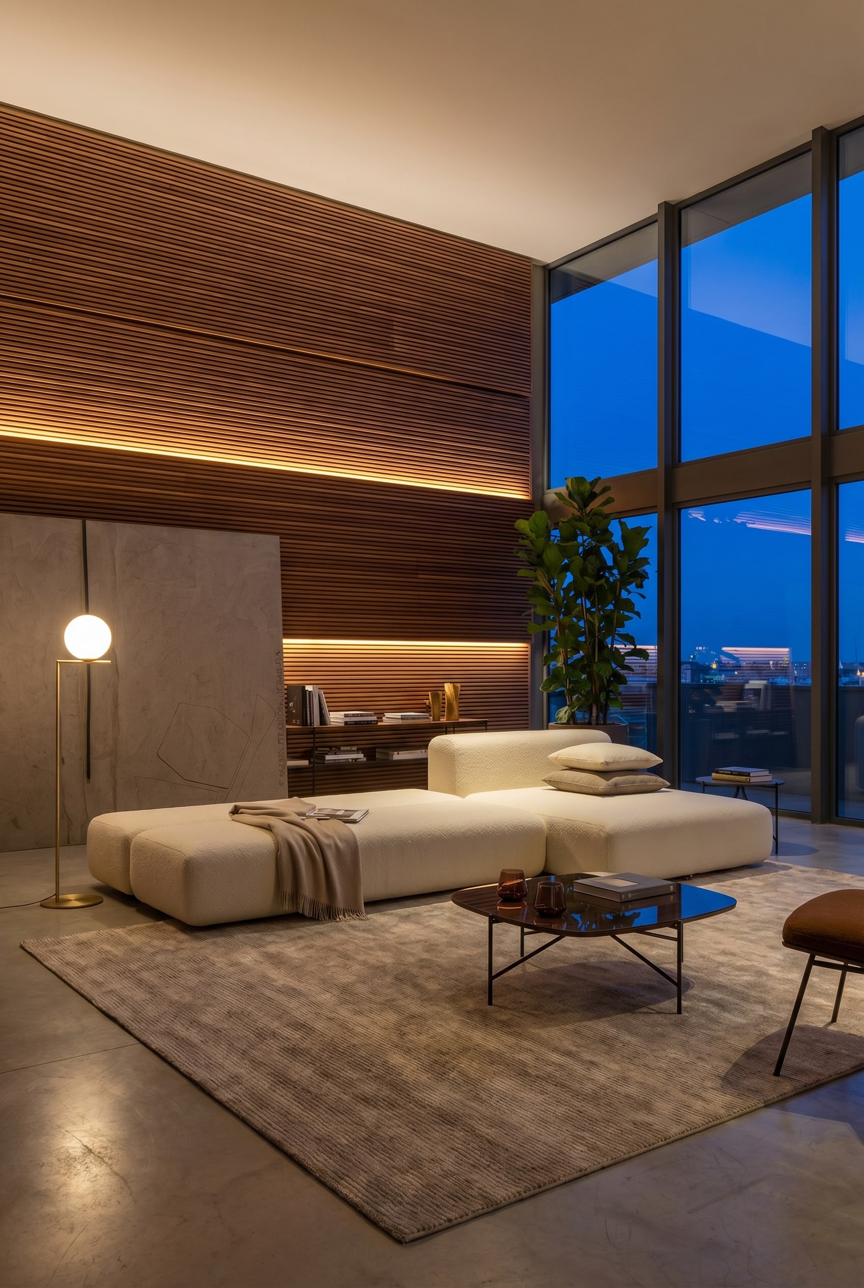 Donkergrijze modulaire slaapbank in hotel-suite-look, geplaatst voor een elegante warme wand van houten lamellen