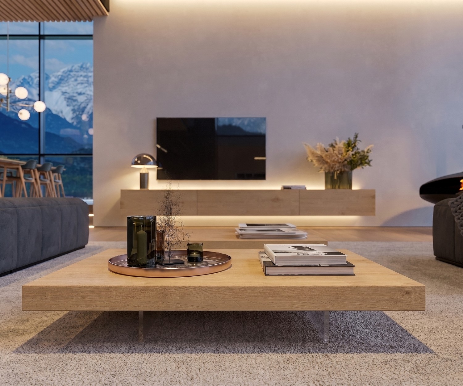 Livitalia Couchtisch Low aus Holz Modernes Wohnzimmer mit dem Livitalia Couchtisch Low aus hellem Eichenholz und schwebenden Glasfüßen.