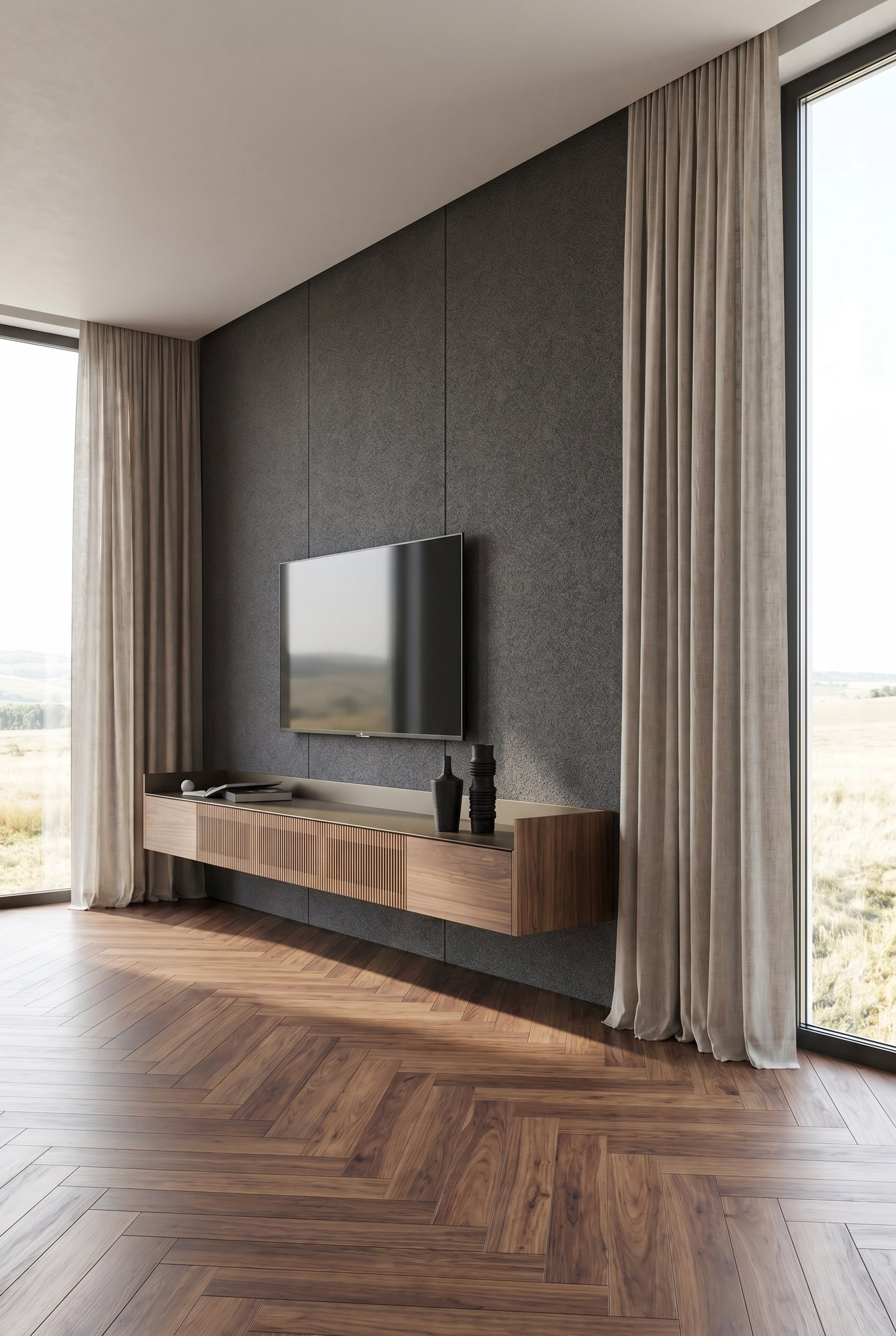 Wand-sideboard van walnoothout onder flatscreen-tv in minimalistische woonkamer met kamerhoge ramen