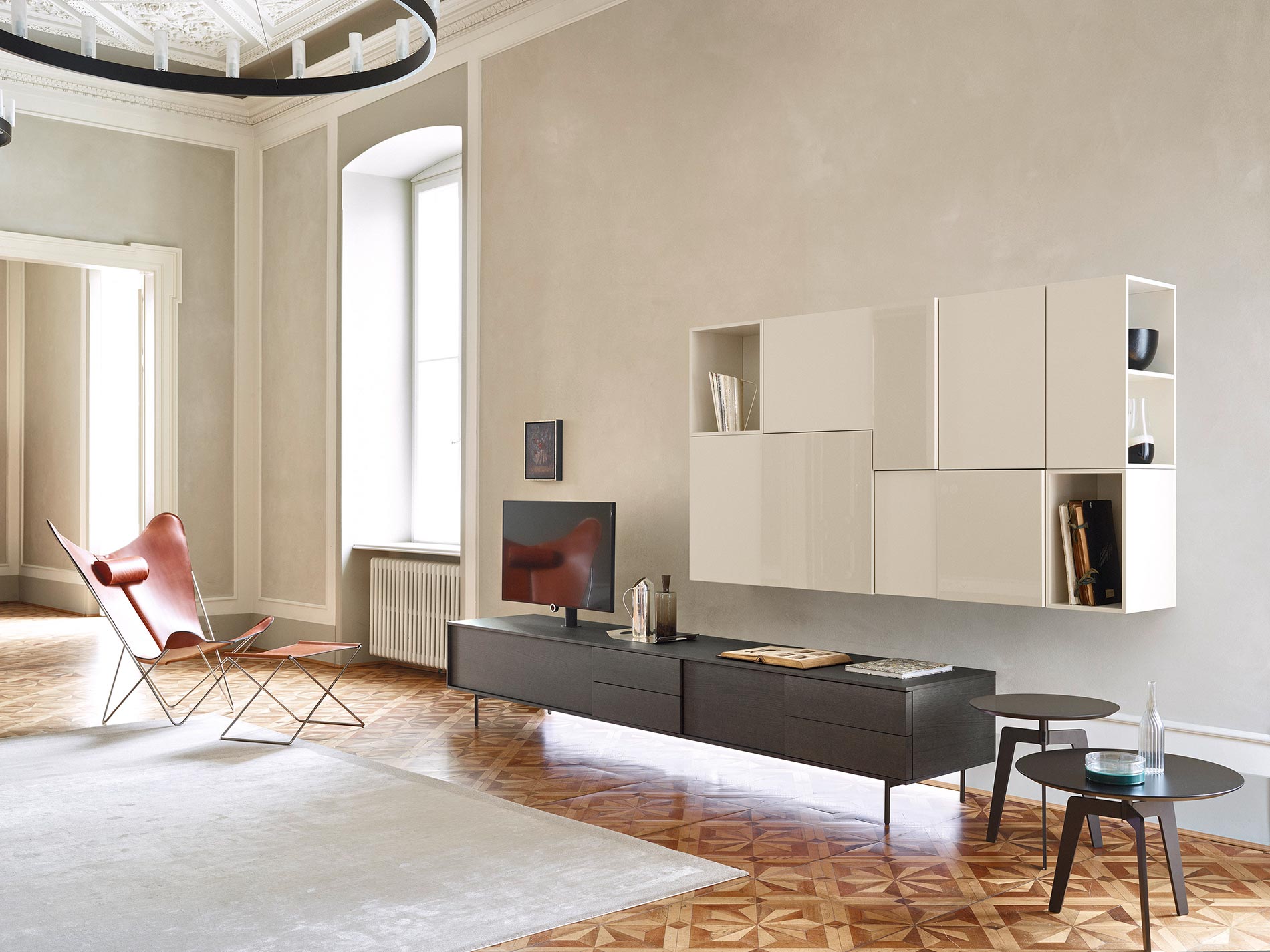 Design Wohnwand grau weiss