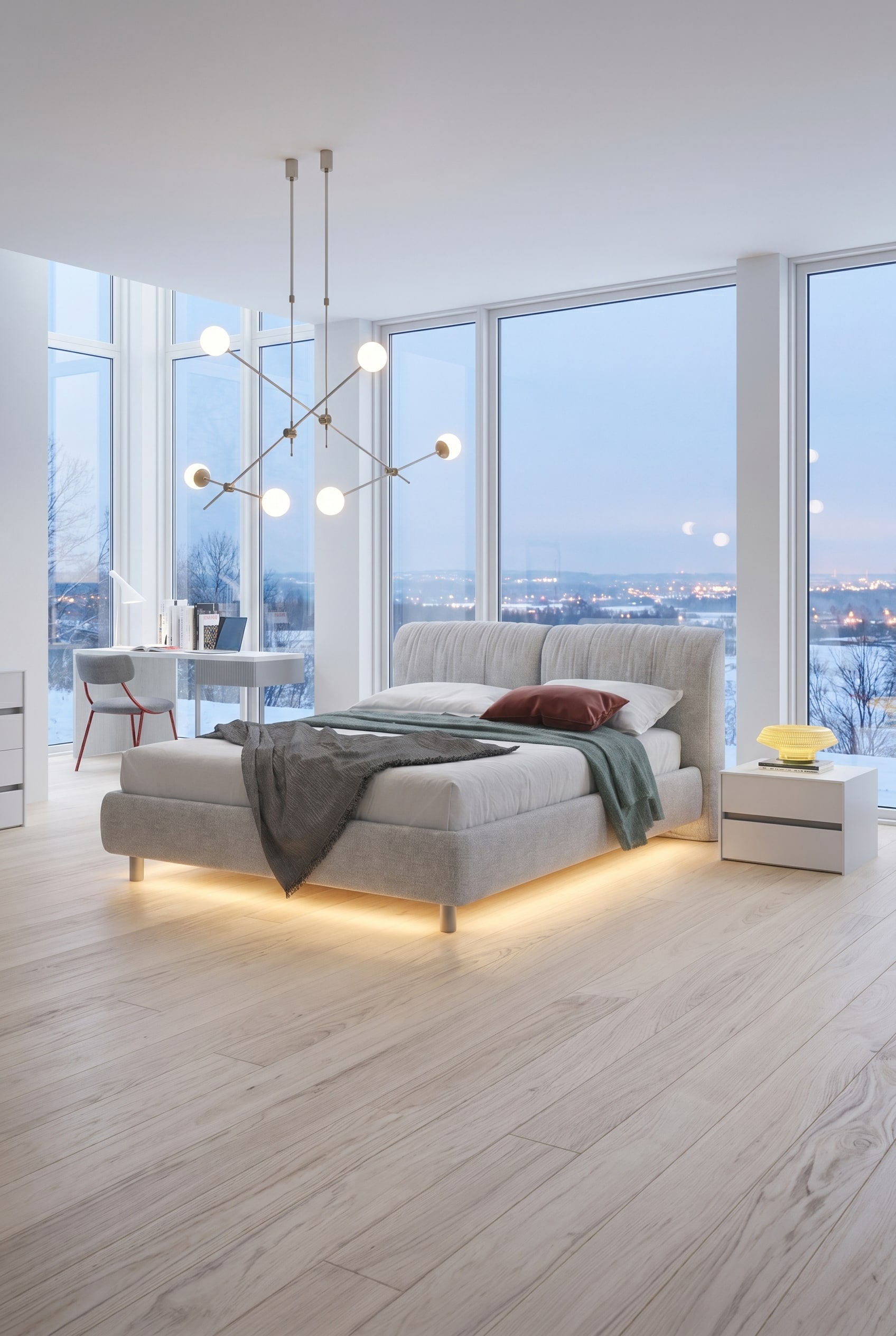 Camera da letto moderna con letto imbottito grigio chiaro, contenitore invisibile e faretti a pavimento opachi