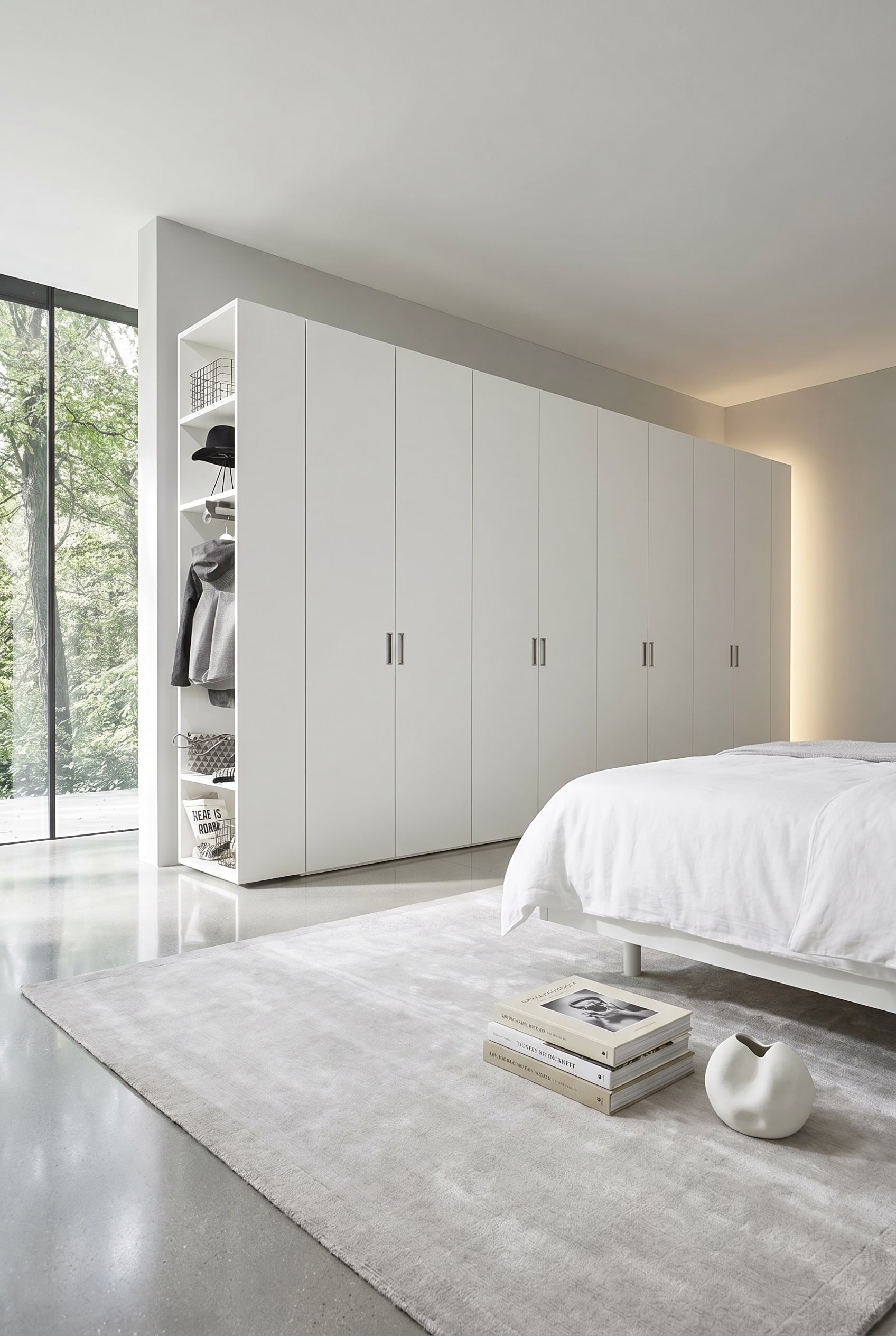 Tidy bedroom with a smooth white wardrobe with hinged doors, indirect wall lighting, and a stacked coffee table book on the floor