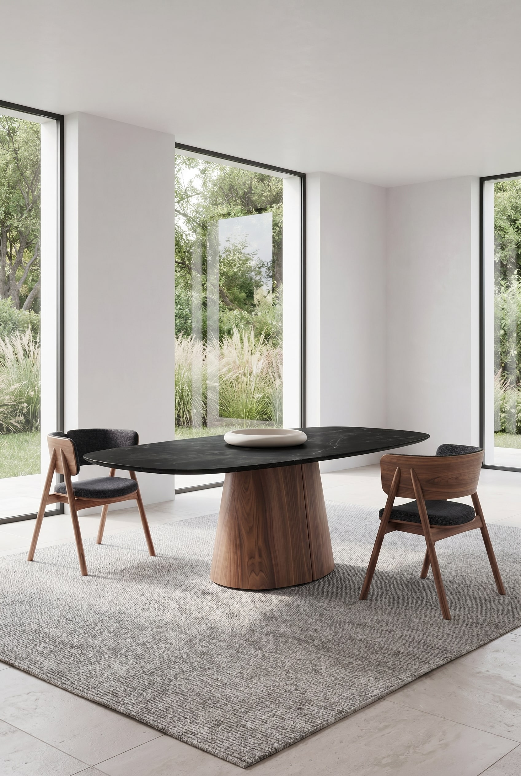 Moderne eetkamer met organisch gevormde houten tafel, platte ovale keramische schaal en antracietkleurige stoelen