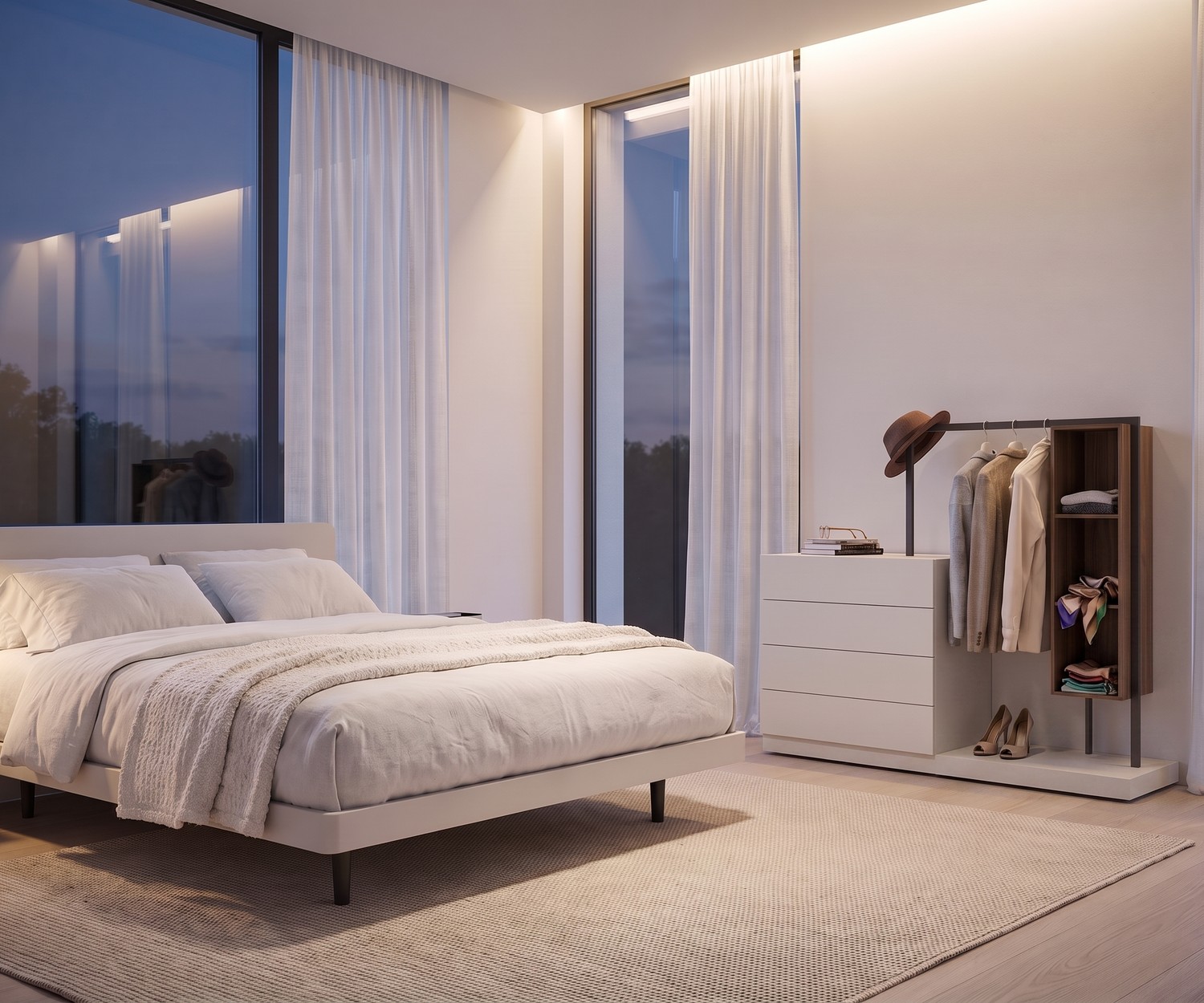 Novamobili Kommode Easy 4 mit Garderobe im modernen Schlafzimmer. Weißer Schubladenschrank mit Kleiderstange und Holzregal.